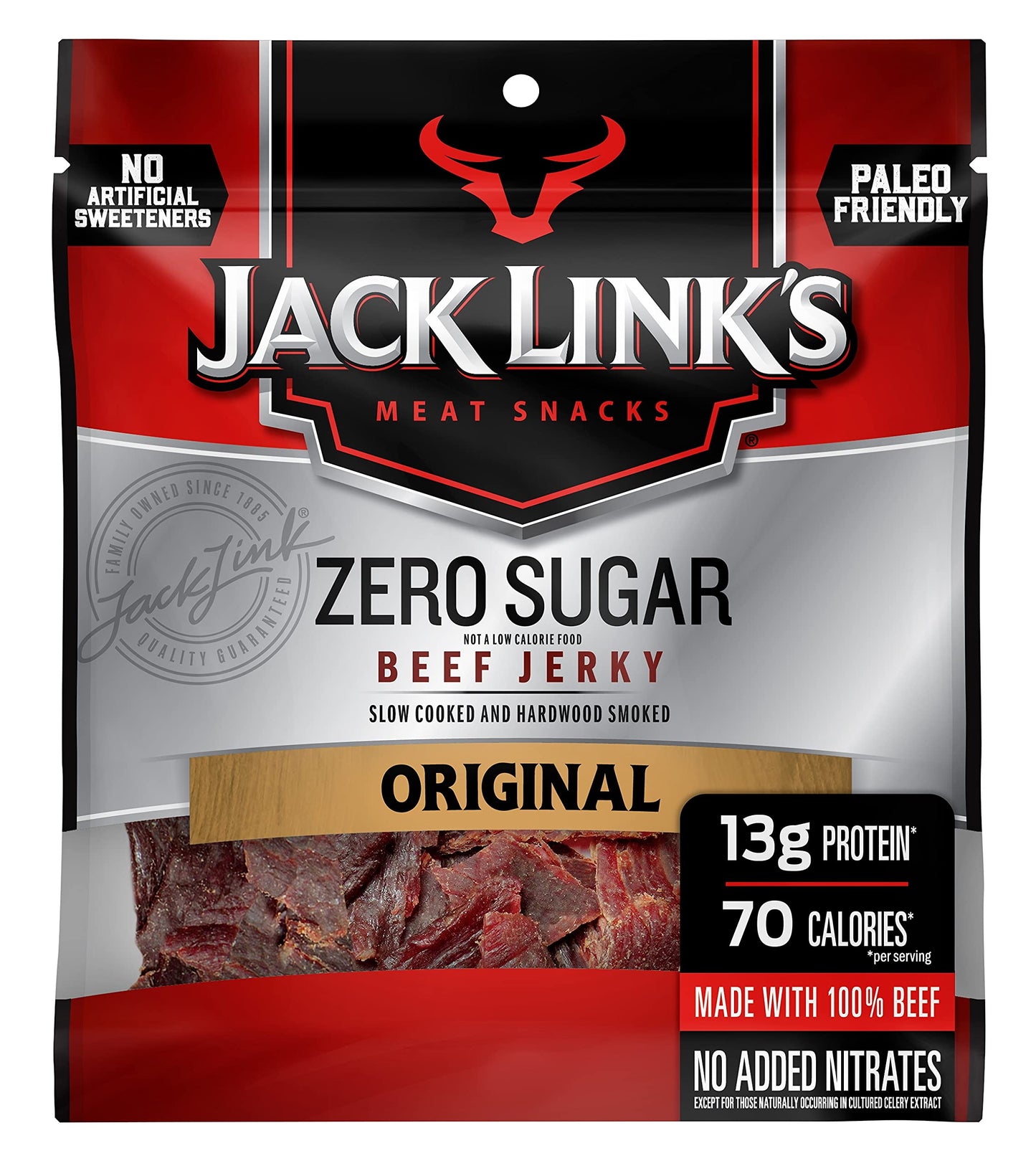 Jack Links Beef Jerky, Zero Sugar, 13g Protein, 70 Calories, 2.3 oz, Paleo Friendly Snack