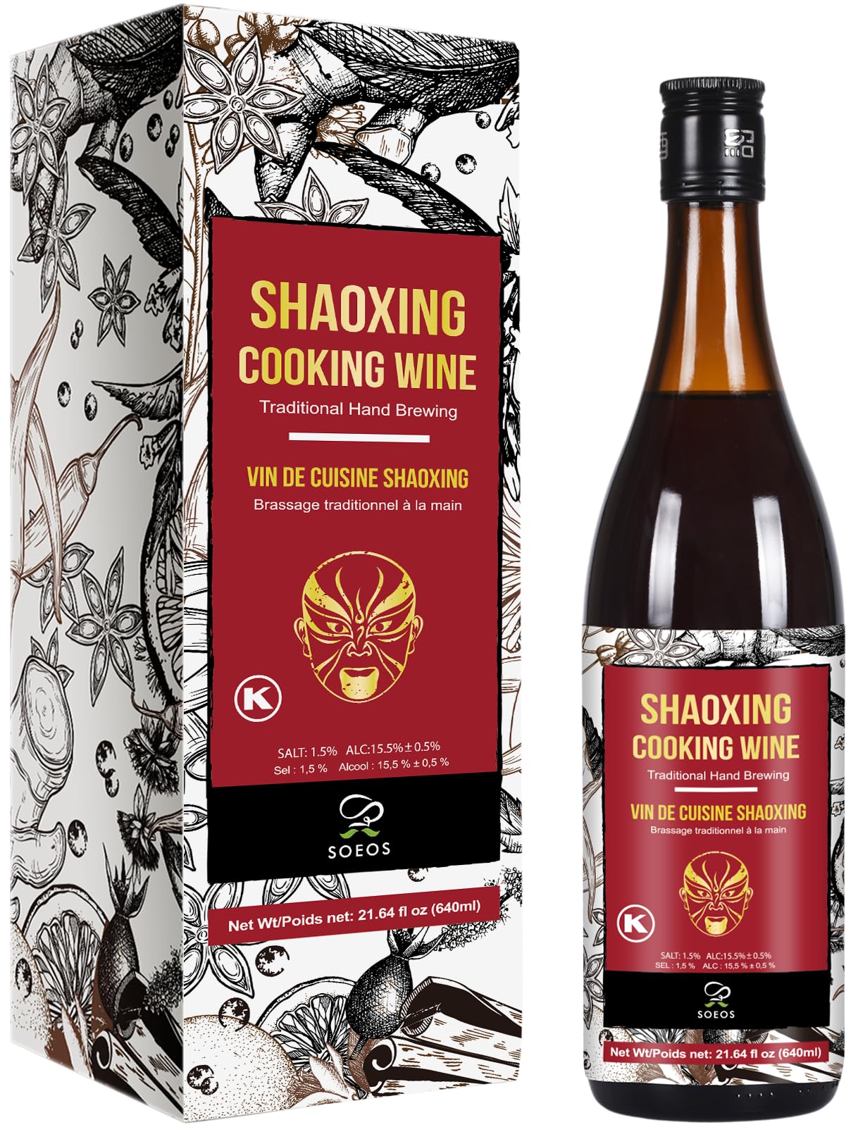 Soeos Shaoxing Rice Wine, Regular Cooking Wine, 21.64 fl oz (640ml), Pack of 1