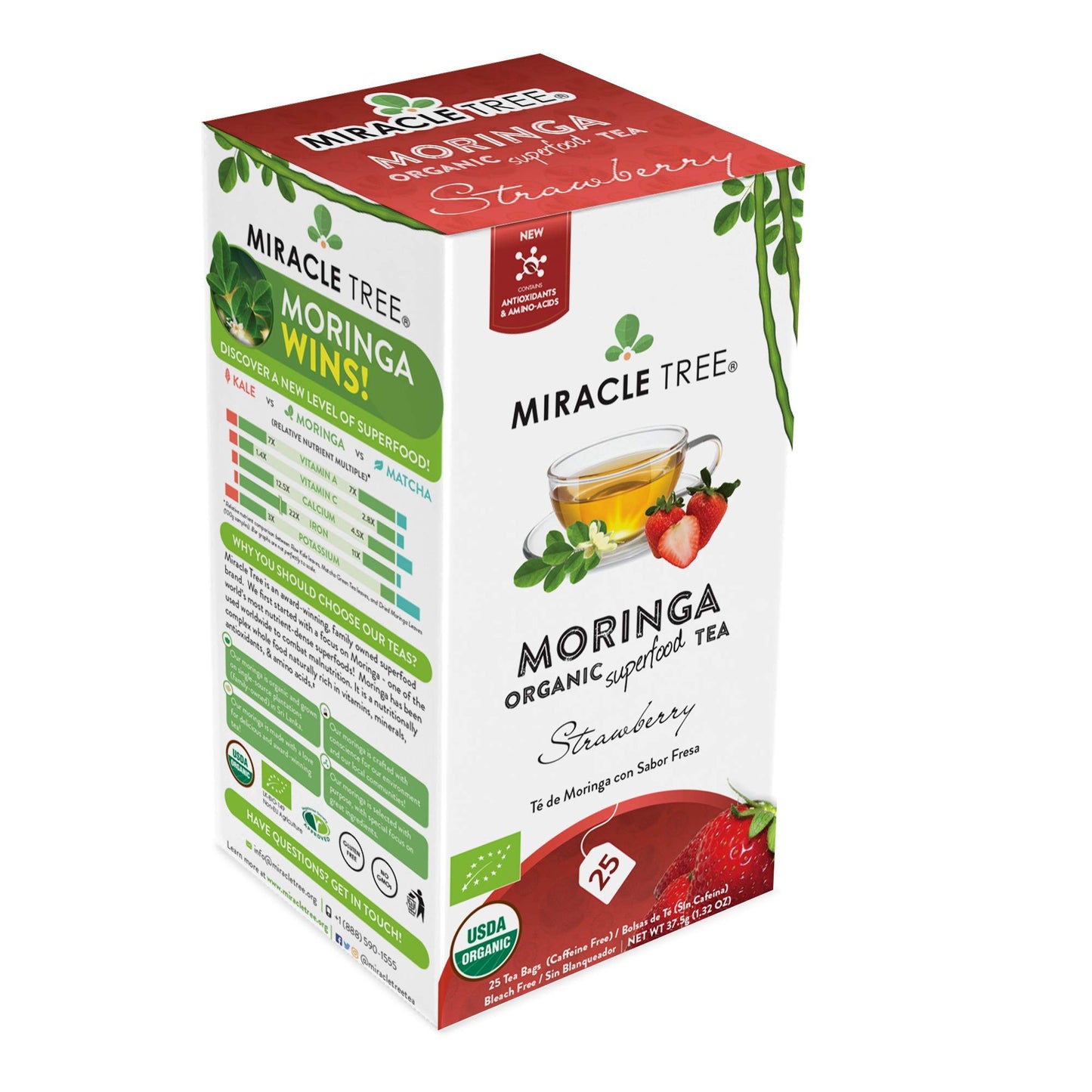 Tree Organic Moringa Superfood Tea - 25 Individually Sealed Bags, Strawberry Flavor, Vegan, Gluten-Free, Caffeine-Free