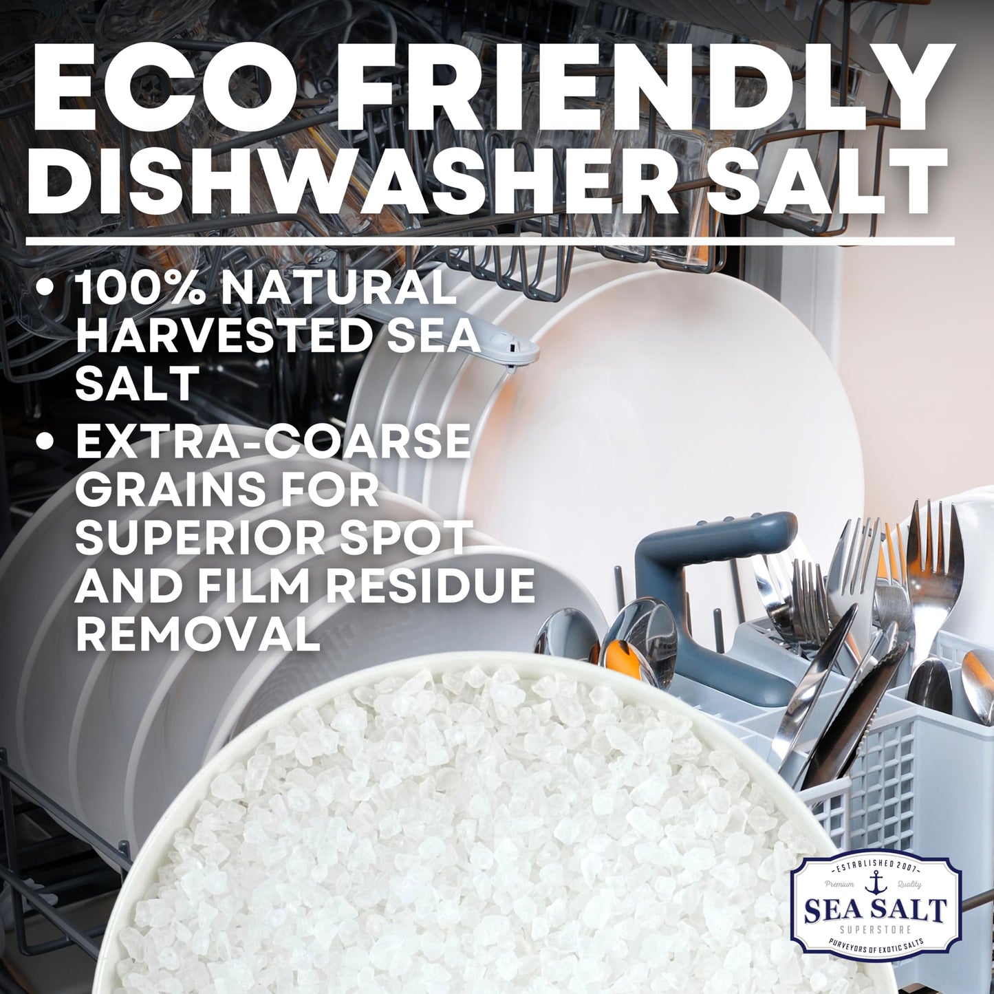Dishwasher Salt, Natural Water Softener, Food Grade Coarse Sea Salt Compatible with Miele, Thermador, Whirlpool, & Bosch Dishwas