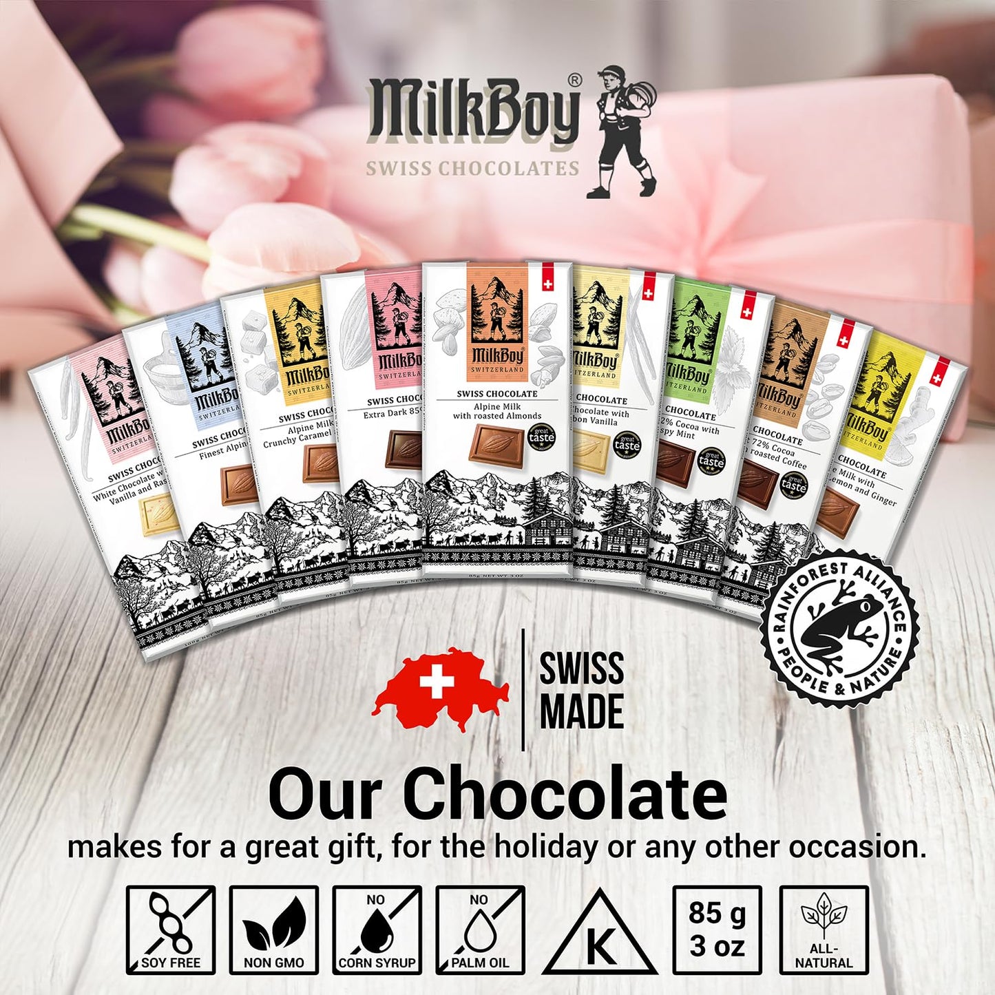 Milkboy Swiss Chocolates Chocolate Bars - enhanced Swiss Alpine Milk Chocolate - Smooth European Milk Chocolates Gift - Sustainably Farmed Cocoa - Gluten Free - 3 oz