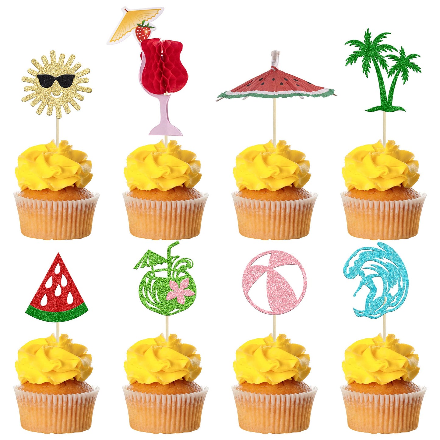 Gyufise 32Pcs Cupcake Toppers Set - Summer Beach Theme, Multi-Color, Paper, Small Size for Baby Showers and Birthday Parties