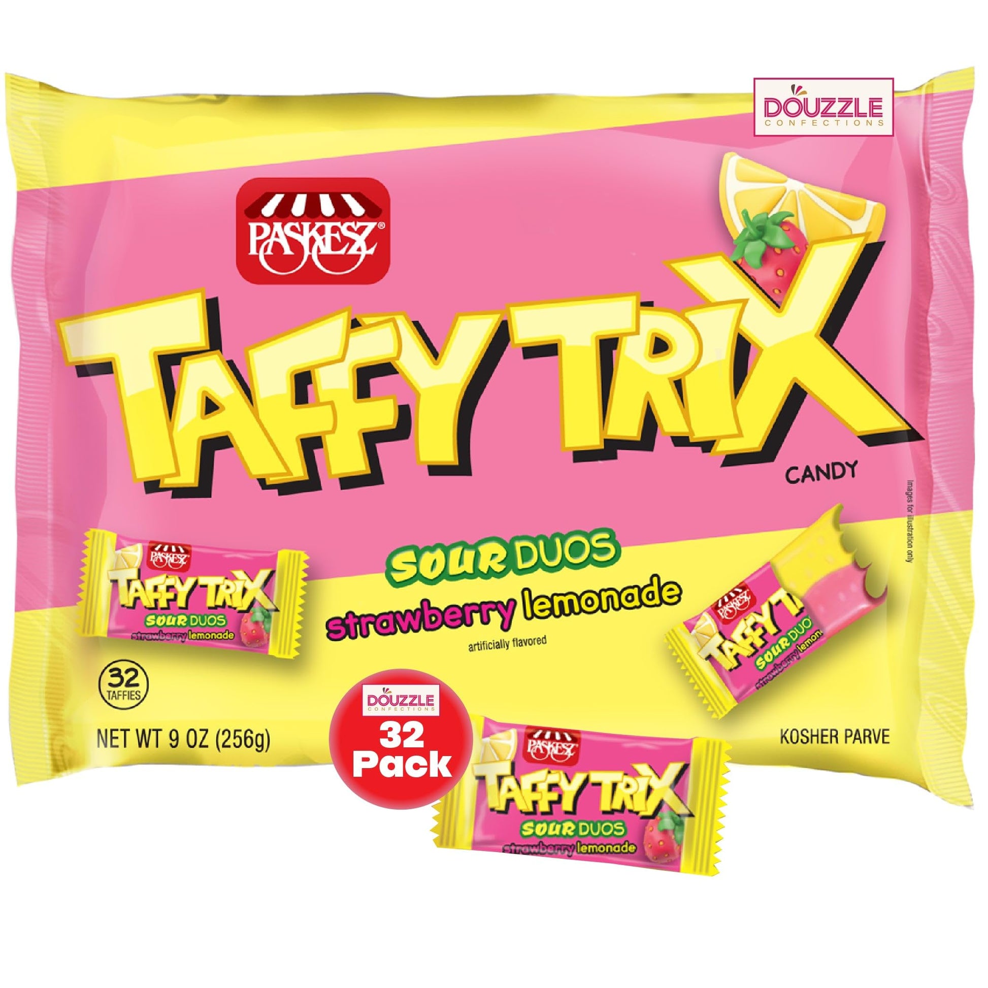 DOUzzle Taffy Trix Candy Mini Bars, Sour Duos Strawberry & Lemonade (32 Count, Pack of 1) Individually Wrapped Candies, Birthday