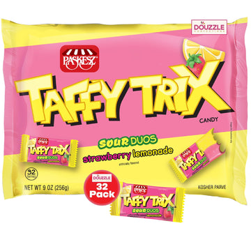DOUzzle Taffy Trix Candy Mini Bars, Sour Duos Strawberry & Lemonade (32 Count, Pack of 1) Individually Wrapped Candies, Birthday