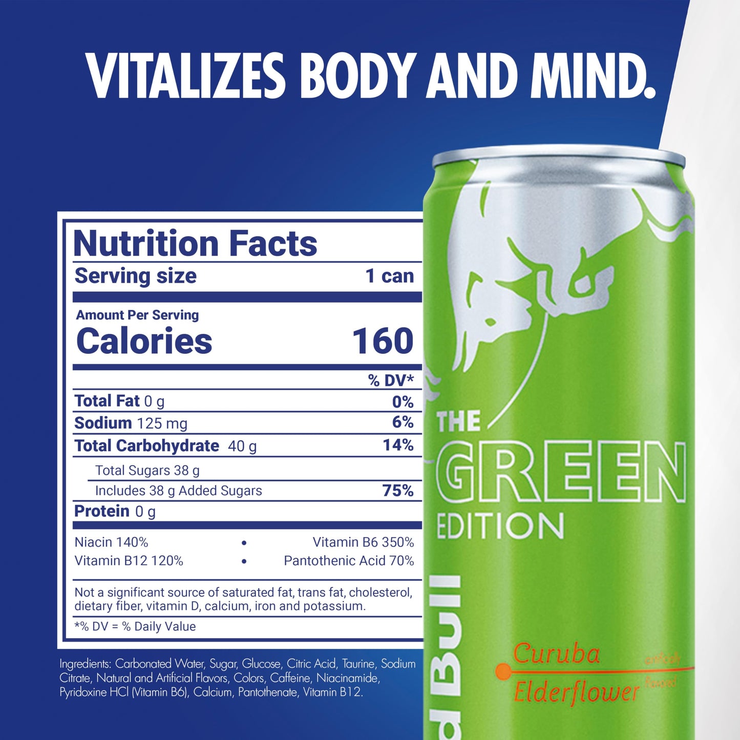 Red Bull Green Edition Energy Drink, Curuba Elderflower, 12 Fl Oz, Pack of 24 Cans, 114mg Caffeine, Model RB242811