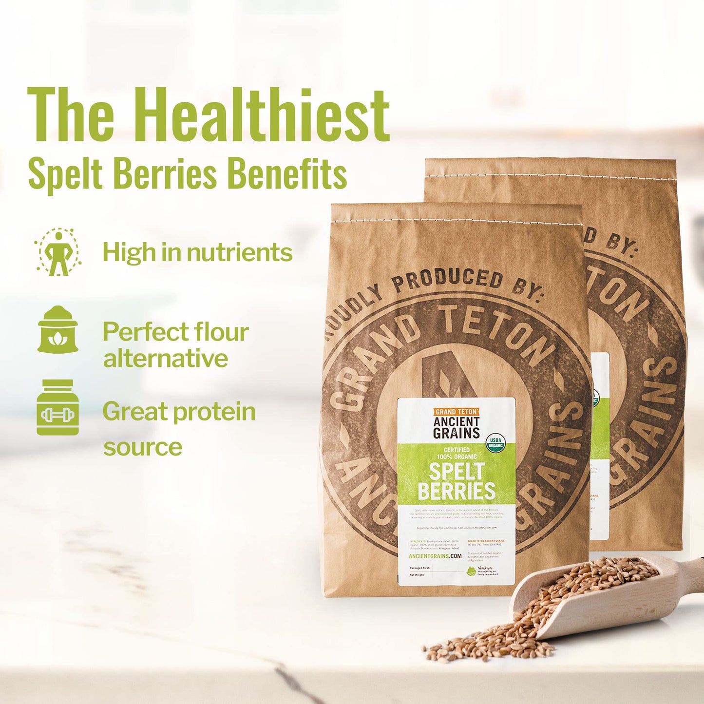 Grand Teton Ancient Grains - 100% Organic Spelt Berries, Whole Unmilled Spelt Berries, Us-Grown Farro Organic Grain, Nutritious