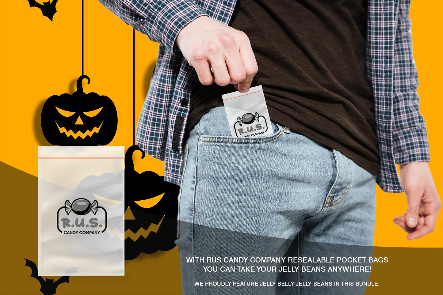 Jelly Bean Assorted Flavor - 9.8Oz Bag With Pocket Size Travel Bag + 3 R.U.S. Candy Cards- Spooky And Sweet Halloween Jelly Bean