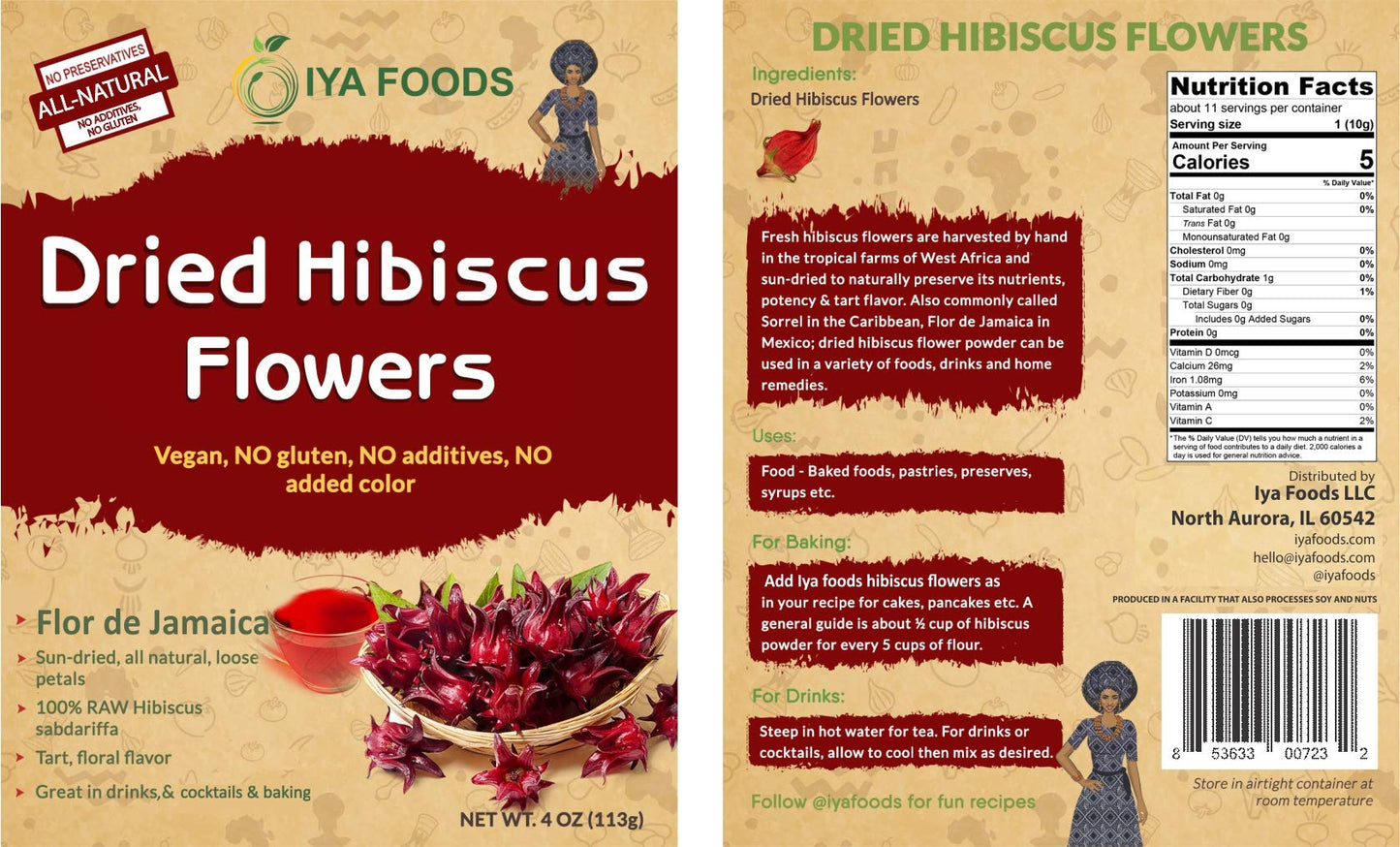 Iya Foods Glutenfree Hibiscus Flowers, Cut & Sifted, Kosher Certified (Hibiscus Sabdariffa Flower, Dry Roselle) Non Gmo, No Pres