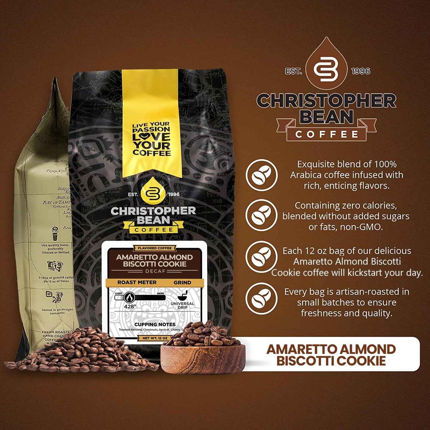 Christopher Bean Coffee - Certified Kosher, Decaf Ground Universal Drip Amaretto Almond Biscotti Coffee | Amaretto Flavored Medium Roast Coffee 100% Arabica, No Sugar, No Fats, Non-Gmo | 10-Ounce