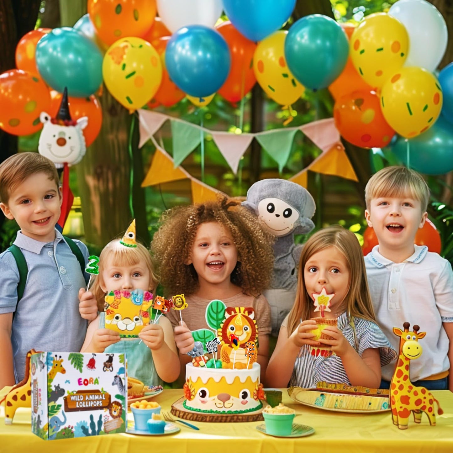 EORA Wildlife-Shaped Lollipops, 24 Pack, 8 Shapes & Flavors, Jungle Theme Candy, Multi-Color, Model YJLLH-WALA-12G24