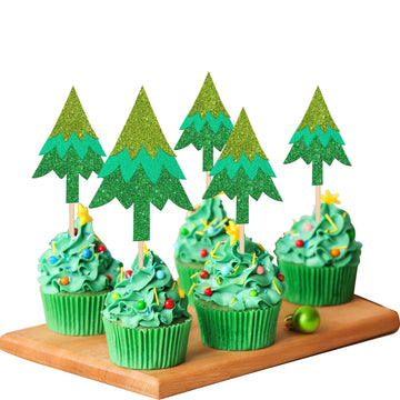 24 Pcs Merry Christmas Tree Cupcake Toppers Glitter Christmas Tree Cupcake Picks For Merry Christmas Theme Xmas New Year Holiday