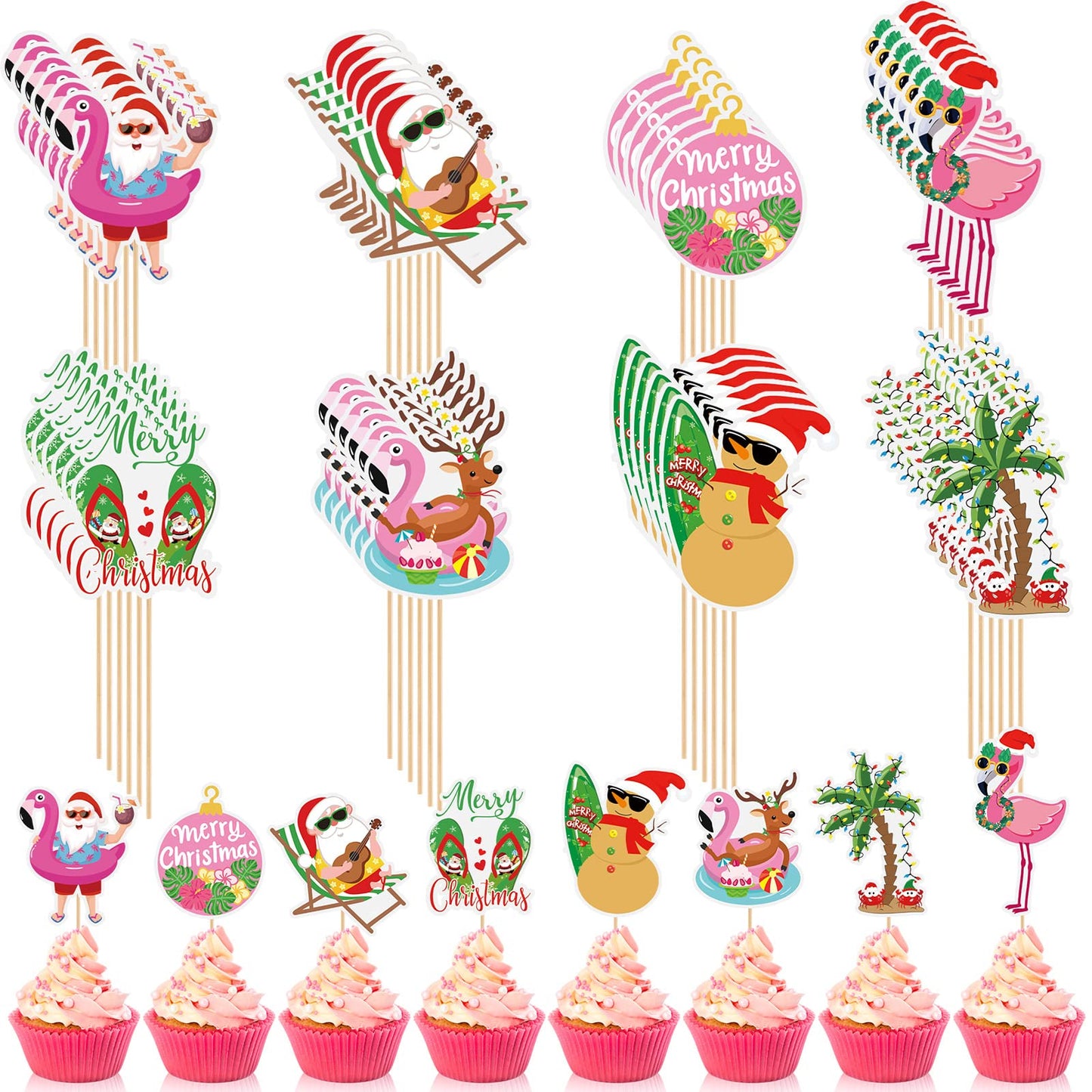 Tatuo 48 Pcs Cupcake Toppers, Santa Claus & Flamingo, 7.2 x 1.18, Multicolored, Cardboard, for Summer & Christmas Parties
