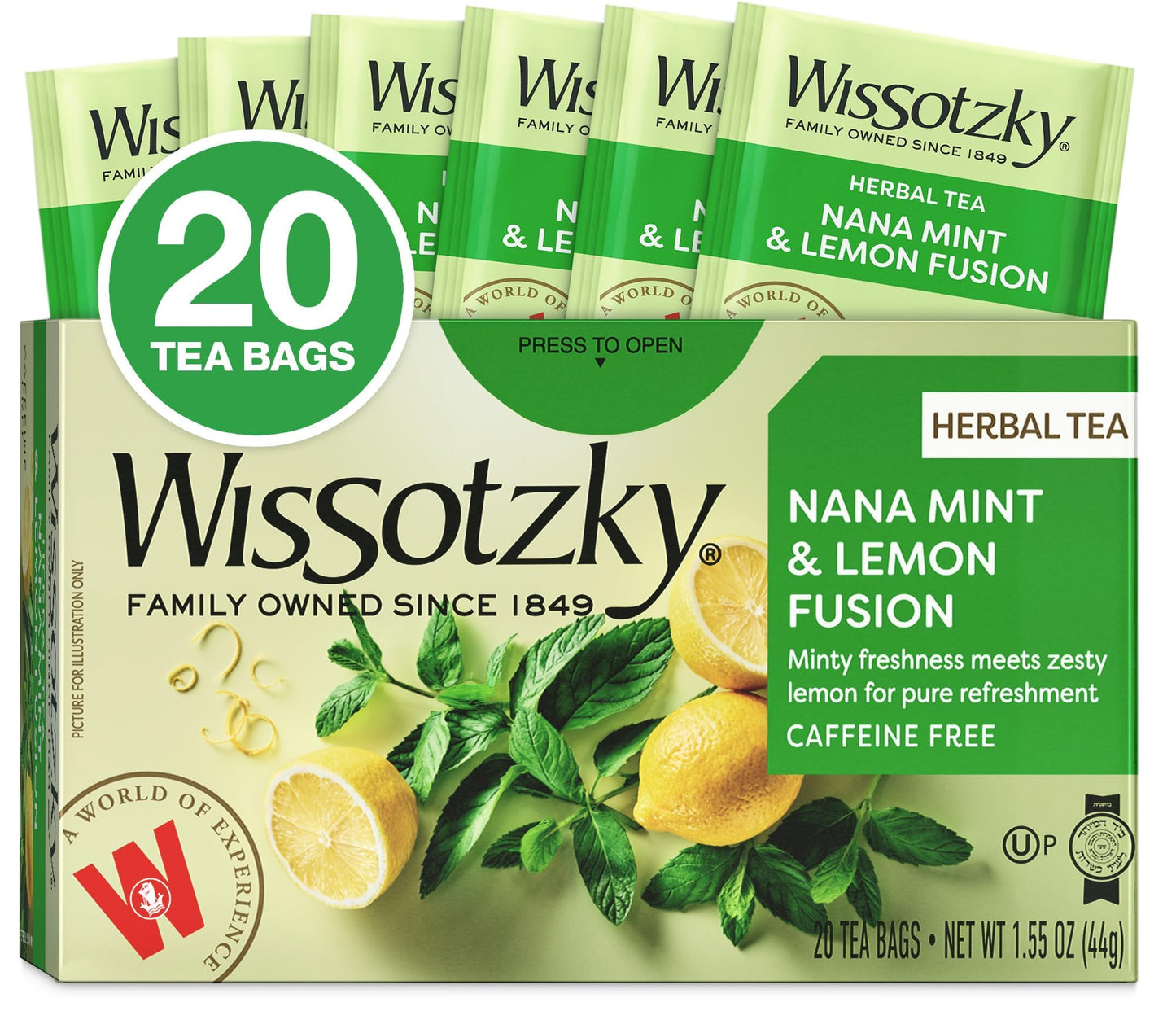 Wissotzky Nana Mint & Lemon Fusion Tea, Caffeine Free, 20 Tea Bags, 1.55 Ounce
