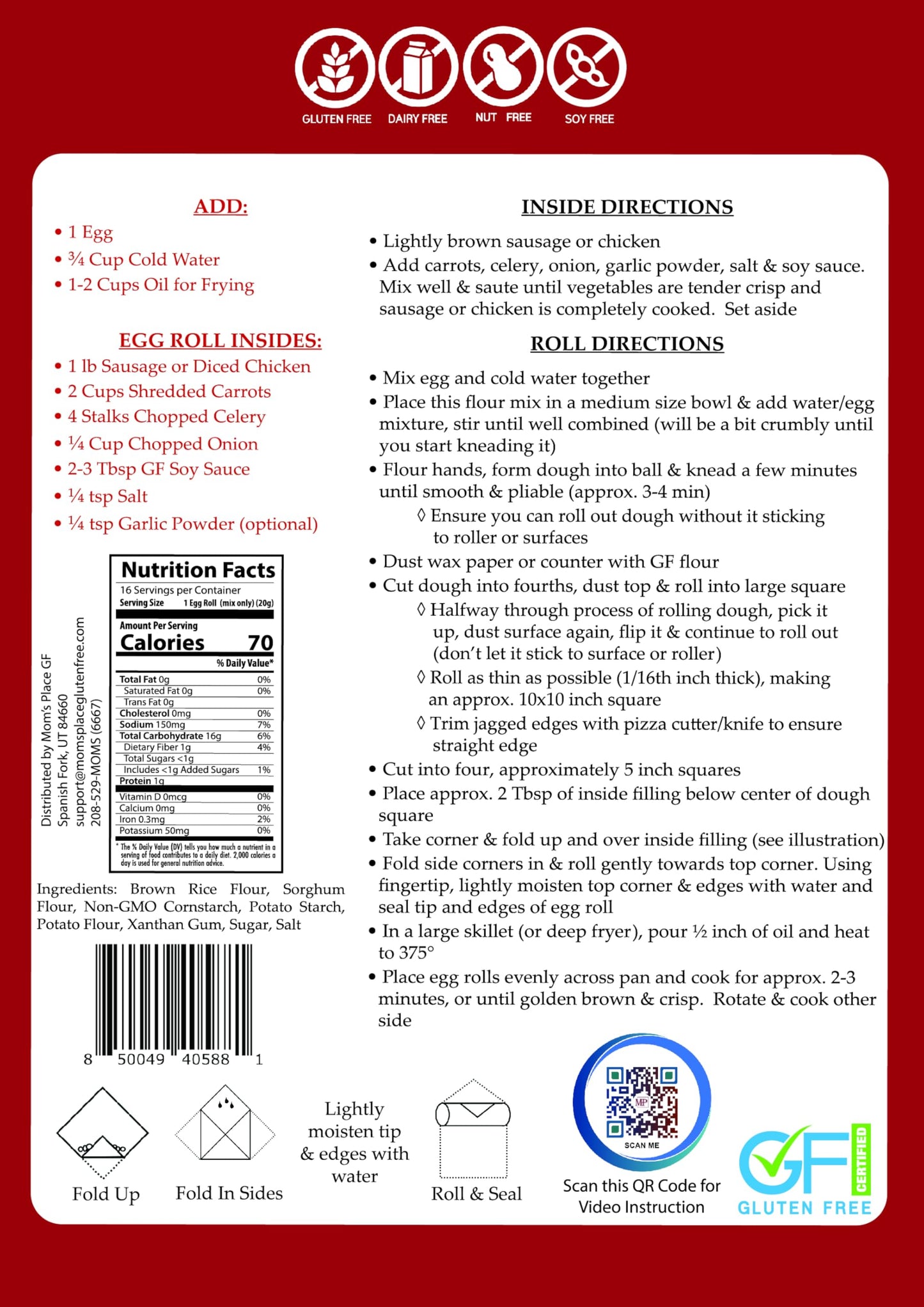 Moms Place Gluten-Free Vegan Egg Rolls/Wonton Wraps Mix, Nut Free, Dairy Free, 11.5 oz, 16 Servings