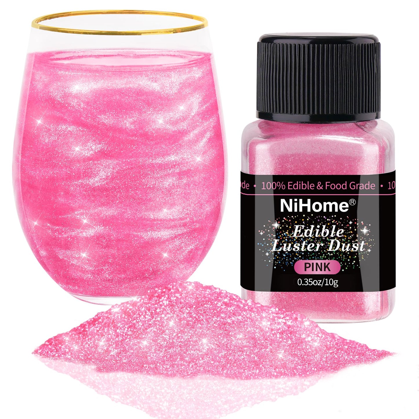 NiHome Edible Glitter Powder for Food Decoration, 10g/0.35oz, Pink, Vegan, Allergen-Free