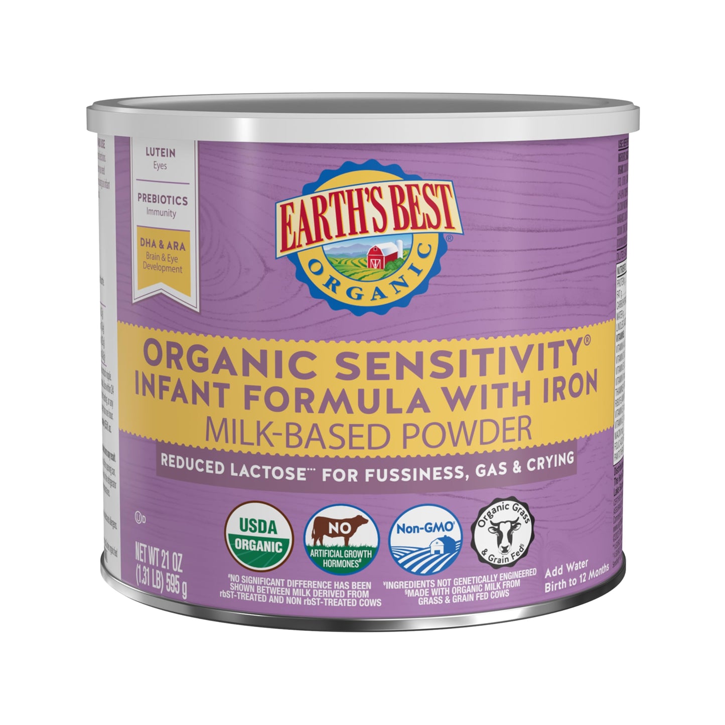 Earths Best Organic Sensitivity Infant Formula, Babies 0-12 Months, Reduced Lactose, Iron, Omega-3 Dha, Omega-6 Ara, Organic Baby Formula, 21 Ounce Container