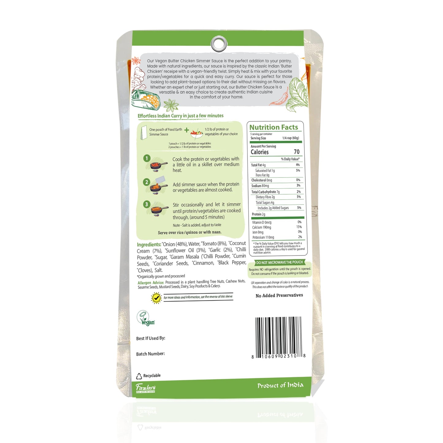 Food Earth Indian Simmer Sauce - Butter Chicken - Organic, Vegan, Gluten-Free, Gmo-Free - Microwavable Cooking Sauce - 12 Pouche