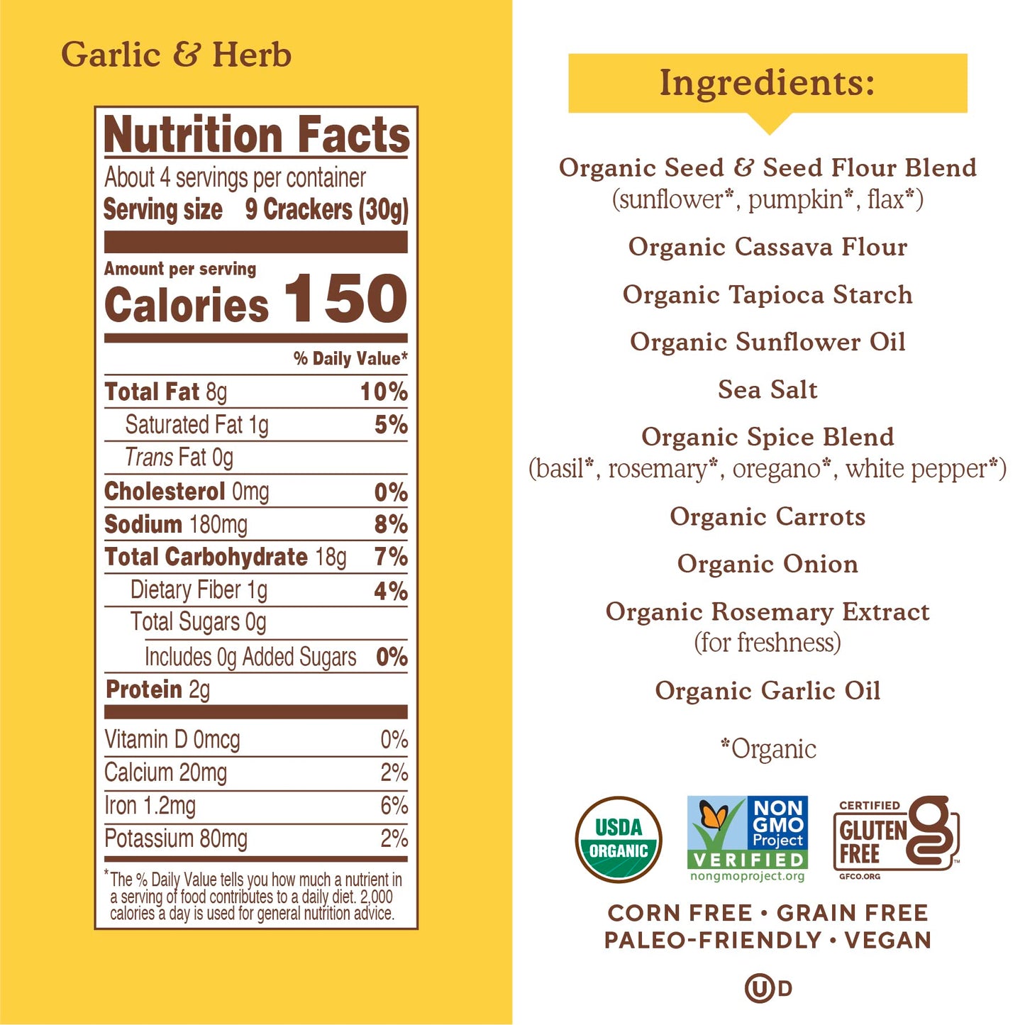 Simple Mills Organic Seed Crackers, Garlic & Herb - Gluten Free, Vegan, Healthy Snacks, Paleo Friendly, 4.25 Ounce (Pack of 6)