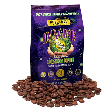 Imagine Kona Peaberry Rare Coffee Beans | Top Grade Air Roasted | Medium Dark Roast - 8 ounce