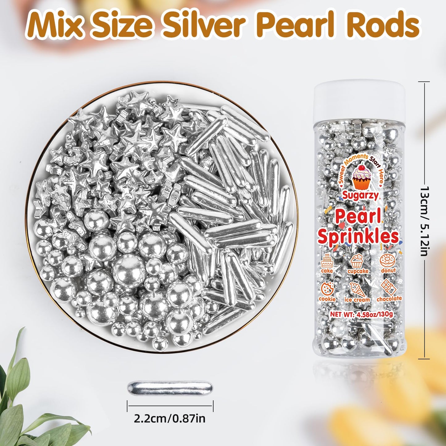 Sugarzy Christmas Silver Pearl Sugar Sprinkles, Edible Star Candy, 130g/4.58oz, Baking Cake Decorations, Cupcake Toppers