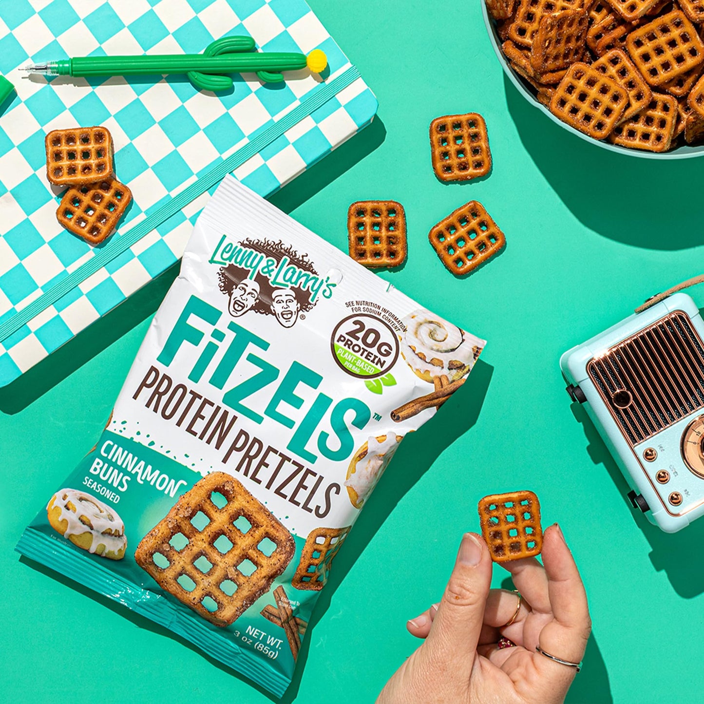 Lenny & Larrys FITZELS Protein Pretzels, Cinnamon Buns, 3 oz Each, 8 Individual Bags, 20g Plant Based Protein, Vegan Snacks