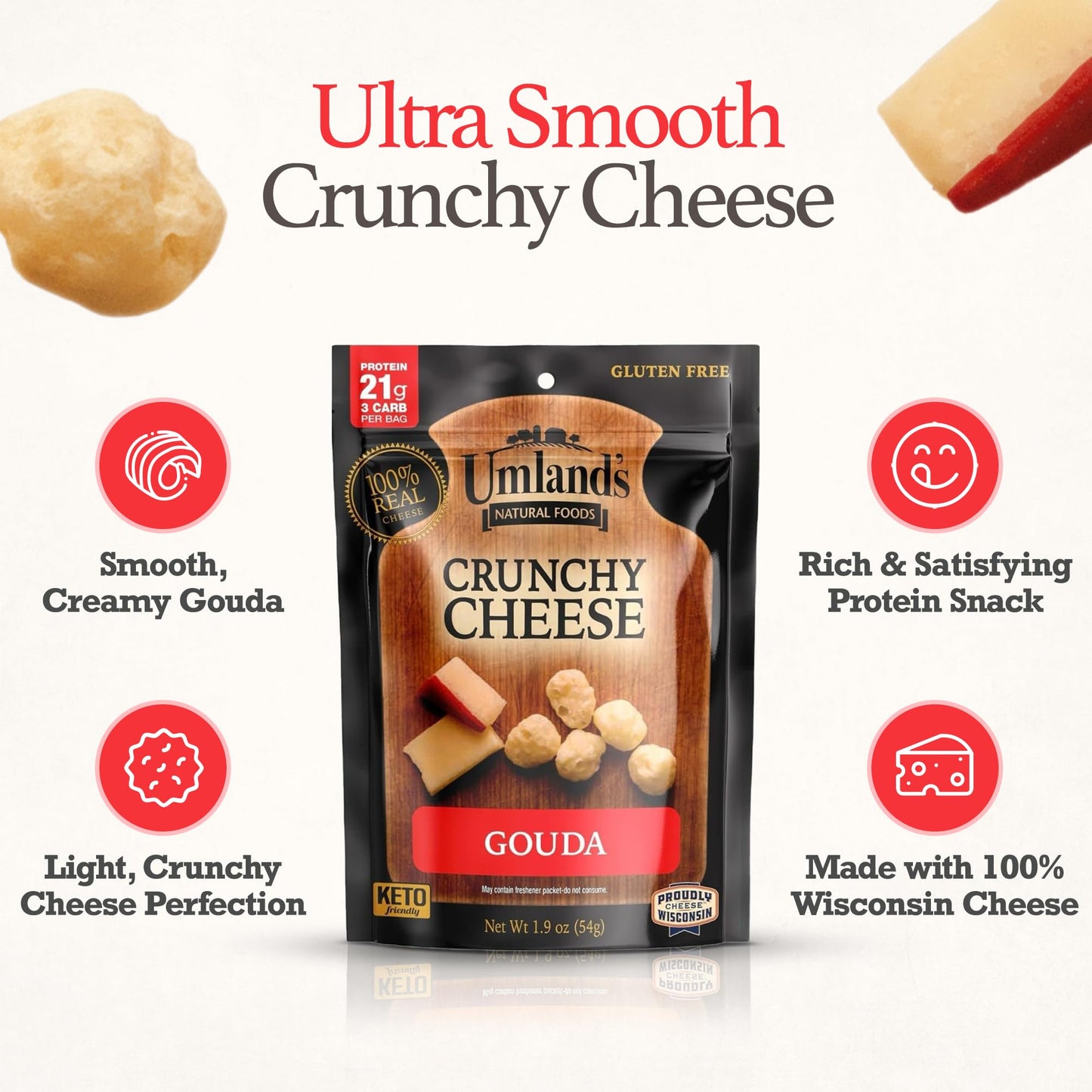 Umlands Crunchy Cheese - Gouda (3      1.9  oz Bags) | 100% Real Wisconsin Cheese, Keto, Low-Carb, High-Protein, Gluten-Free, Sh