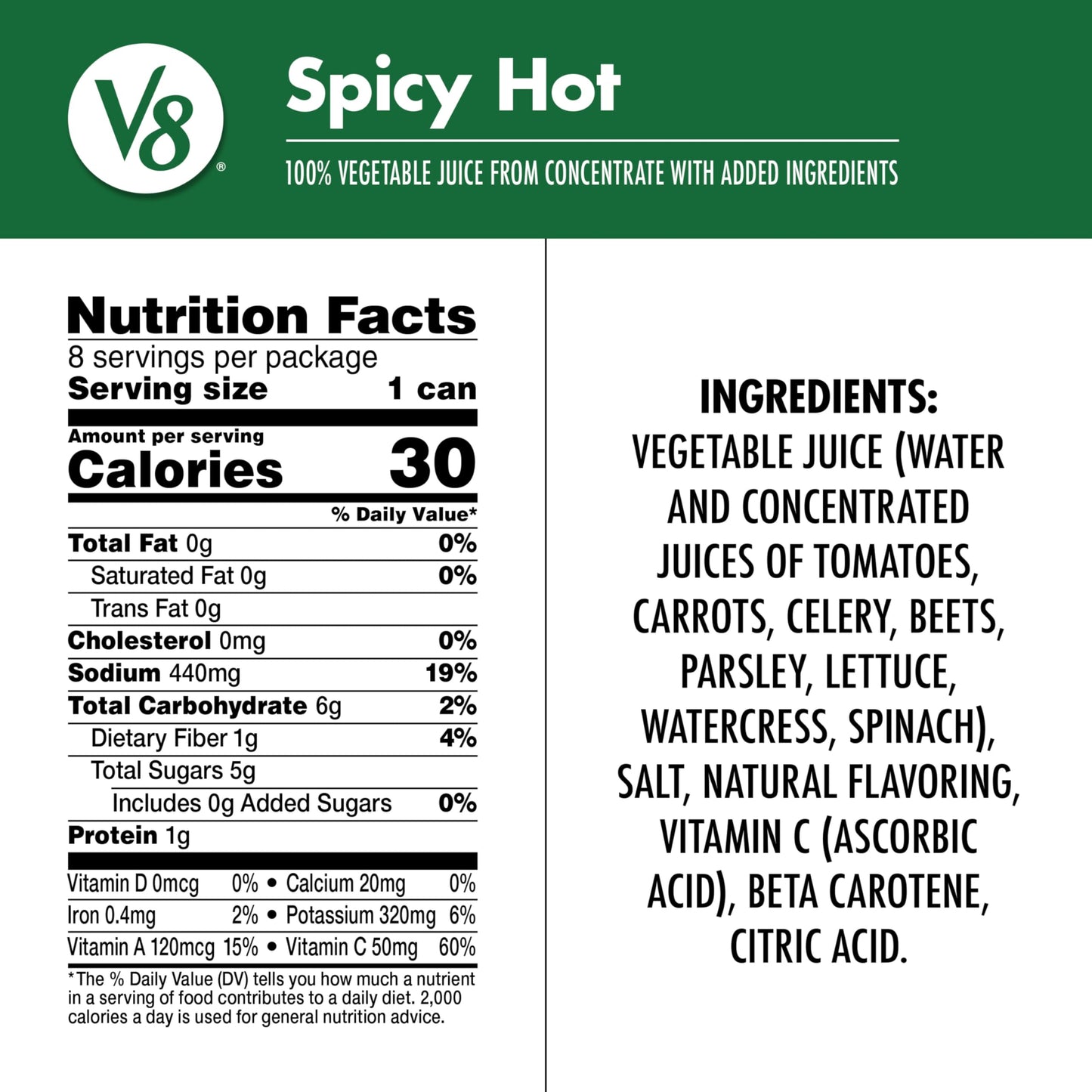 V8 Spicy Hot Vegetable Juice, 5.5 fl oz Can, Pack of 8, Model 200000026923