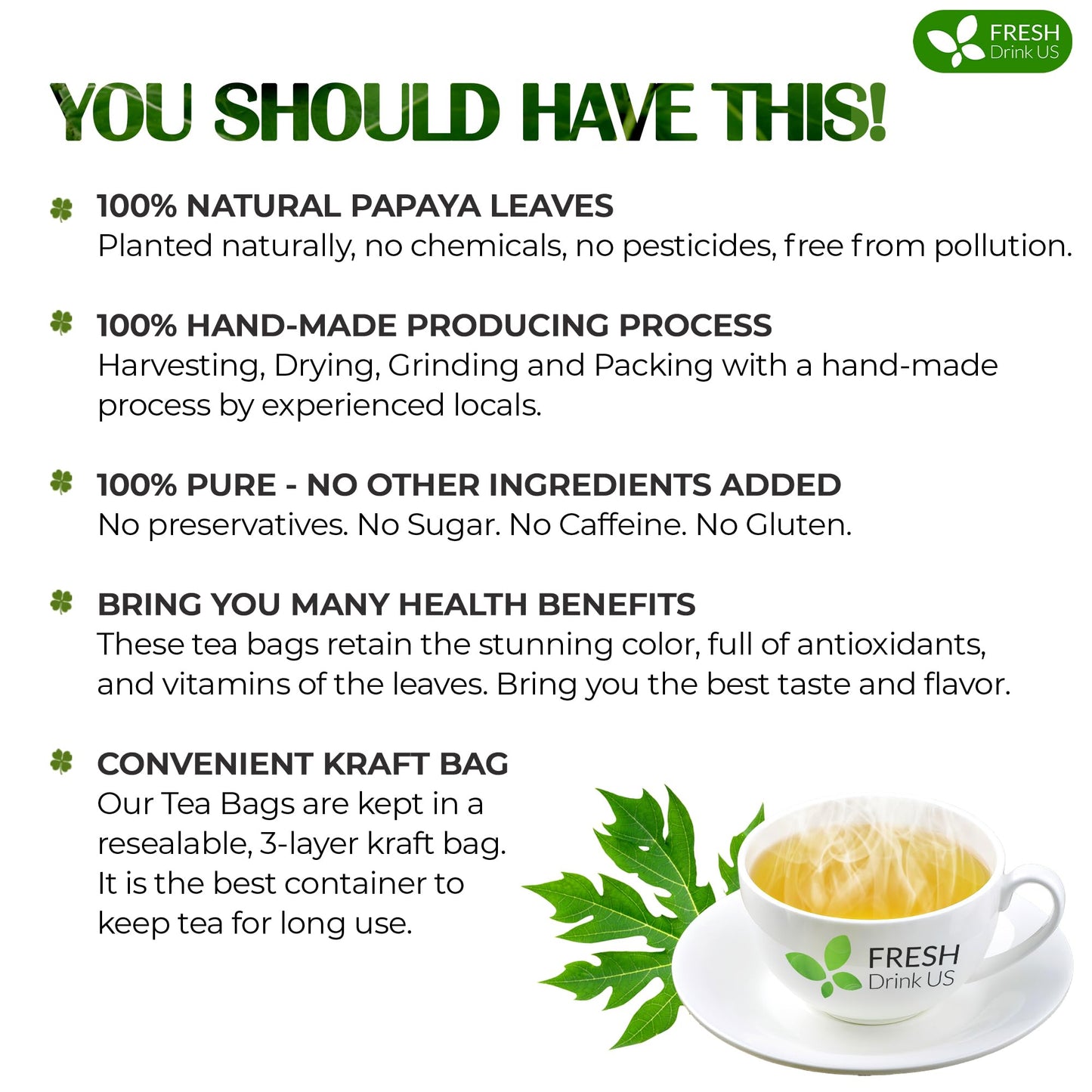 FRESHDRINKUS Papaya Leaf Tea Bags, 100% Natural & Pure, Vegan, 40 Tea Bags