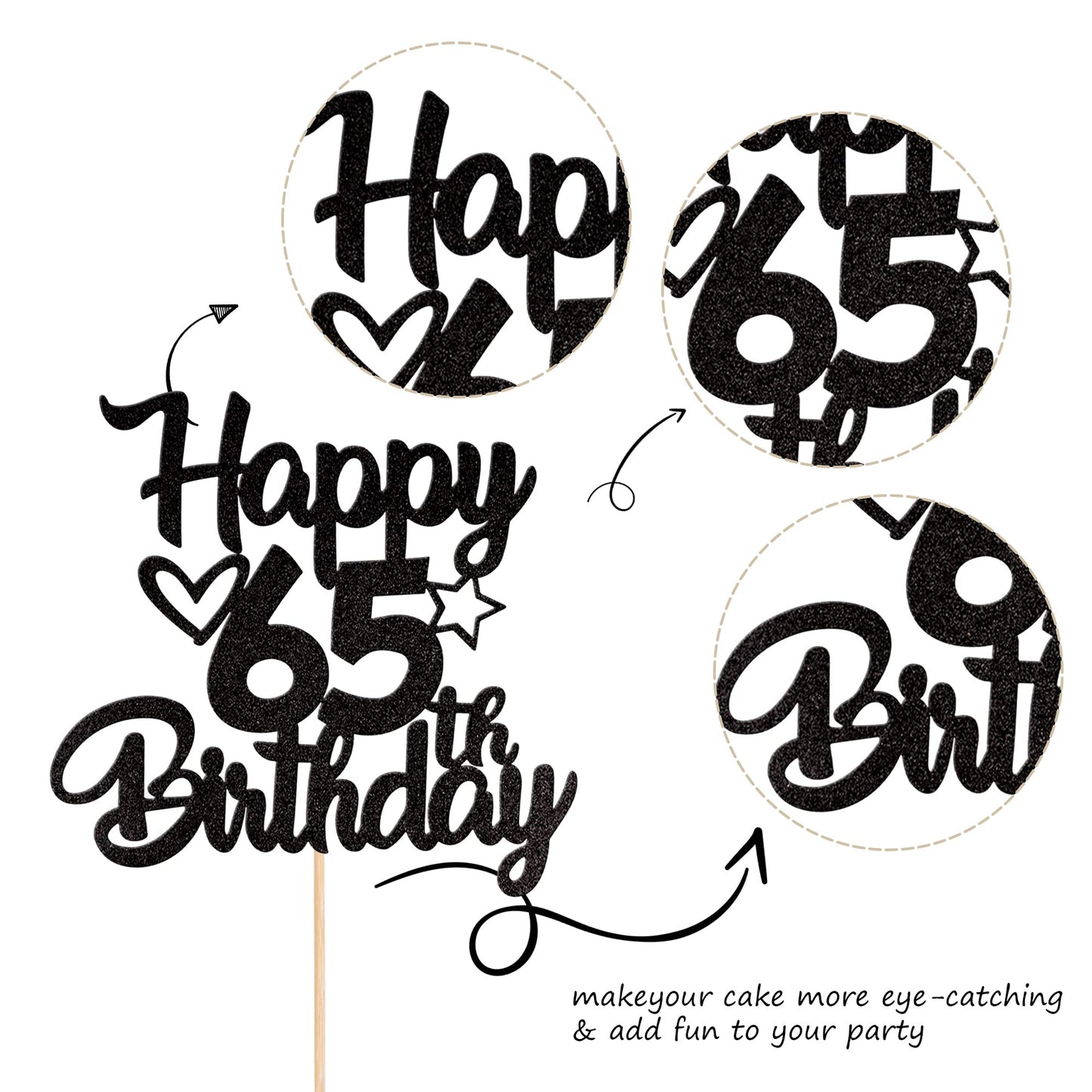 1 Pack Happy 65Th Birthday Cake Topper Glitter Heart Star 65 Fabulous Cake Pick Birthday Sign Cake Decorations For Children 65Th
