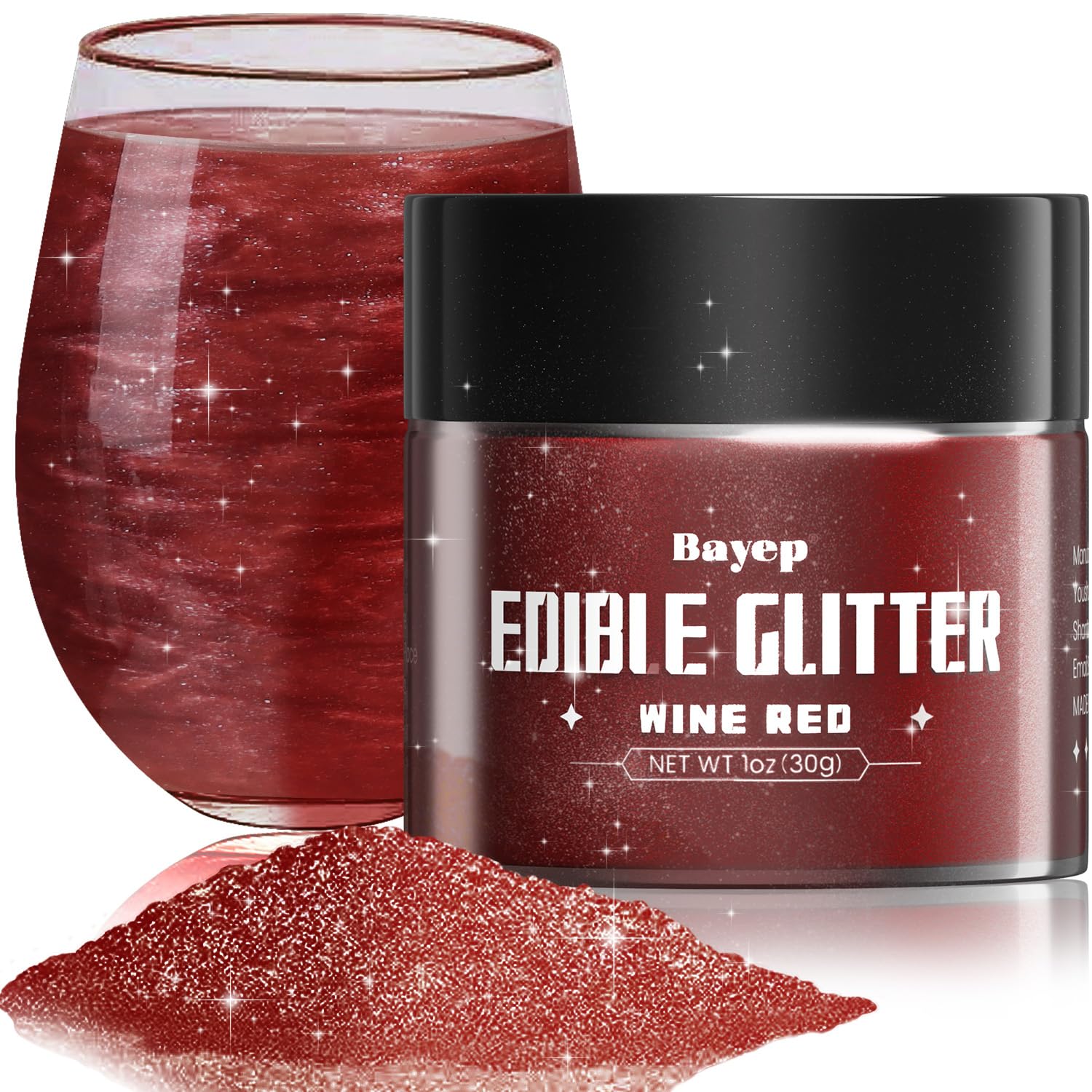bayep Wine Red Edible Glitter for Drinks, 30g Luster Dust for Cake, Party Supplies
