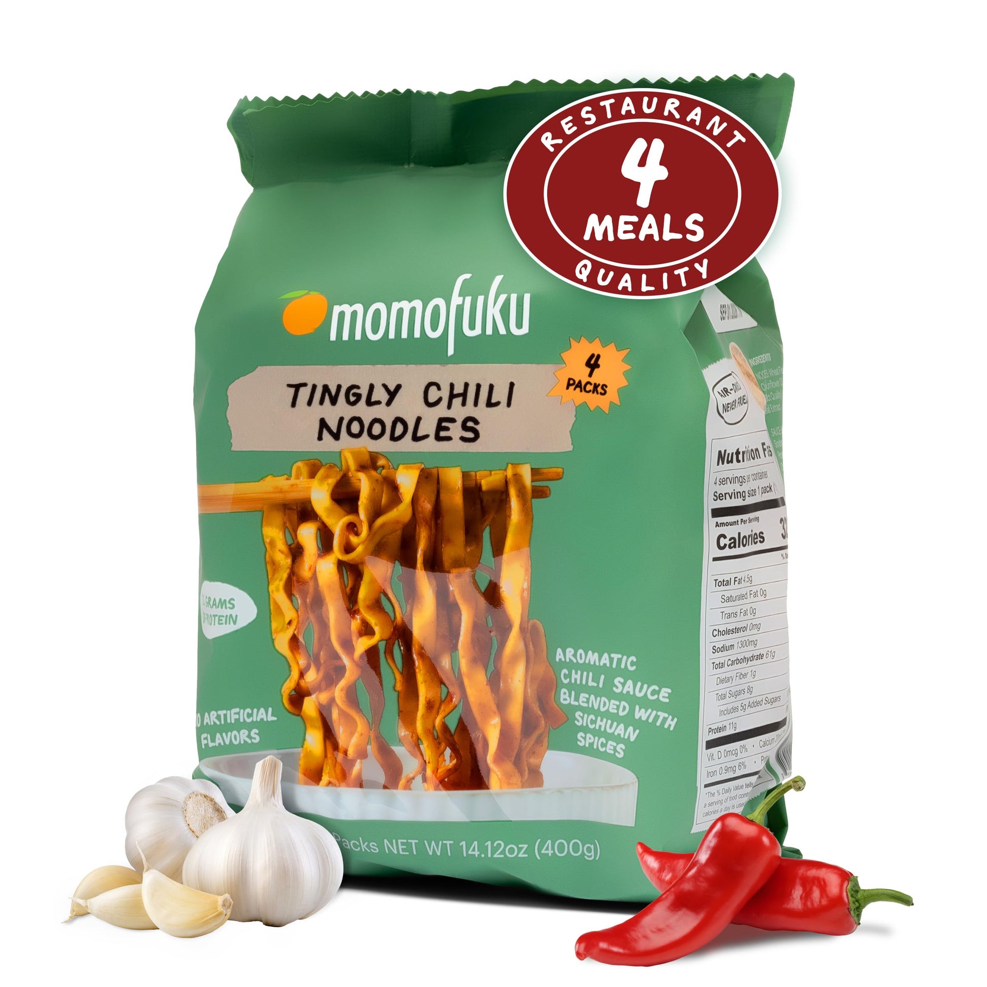 Tingly Chili Noodles Ramen Noodles by David Chang, 4 Pack of Restaurant Quality Air-Dried Instant Noodles Now with More Sauce & 