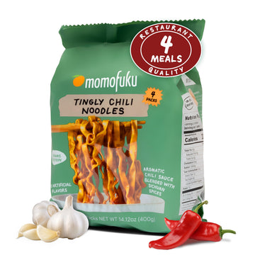 Tingly Chili Noodles Ramen Noodles by David Chang, 4 Pack of Restaurant Quality Air-Dried Instant Noodles Now with More Sauce & 