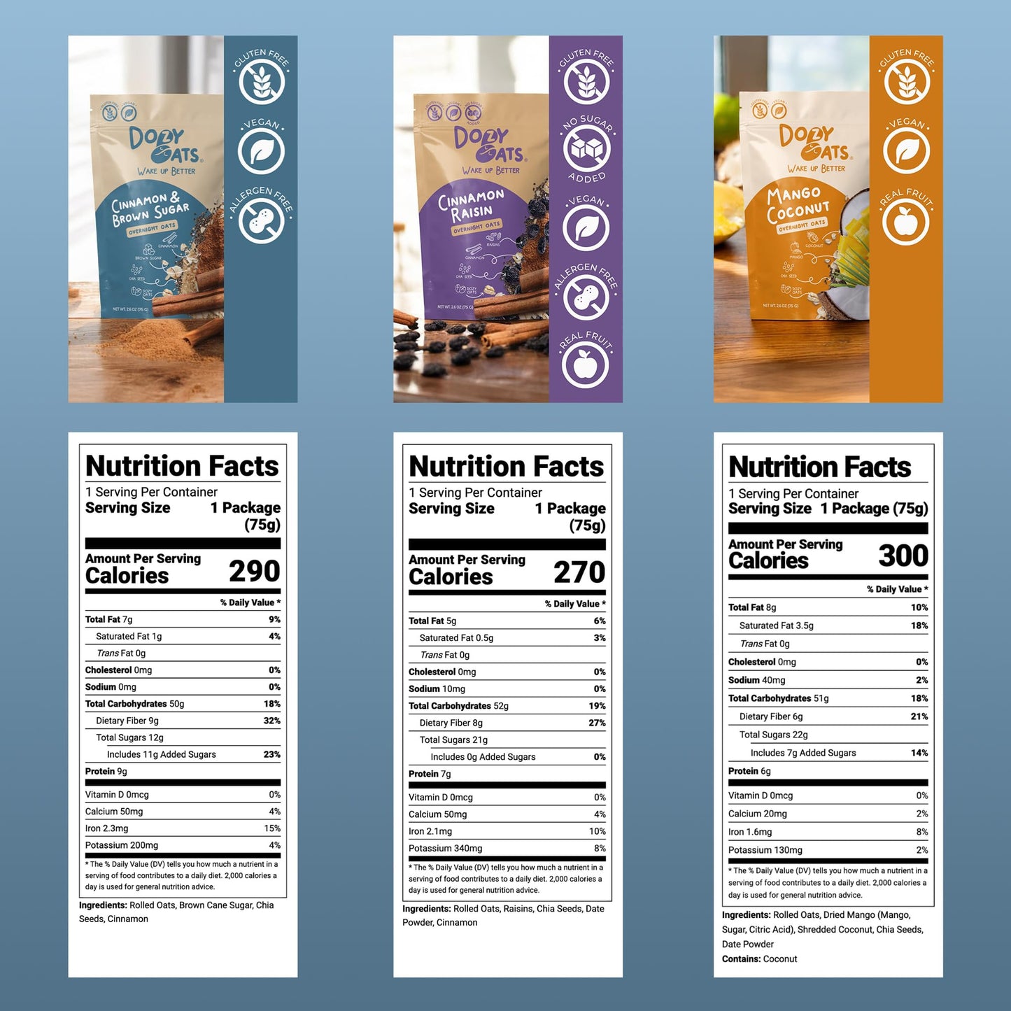 Dozy Oats Overnight Oatmeal Packets  10-Pack Sampler Box with Chia Seeds  Gluten-Free  Natural Source of Protein and Fiber  10-Pack and Jar