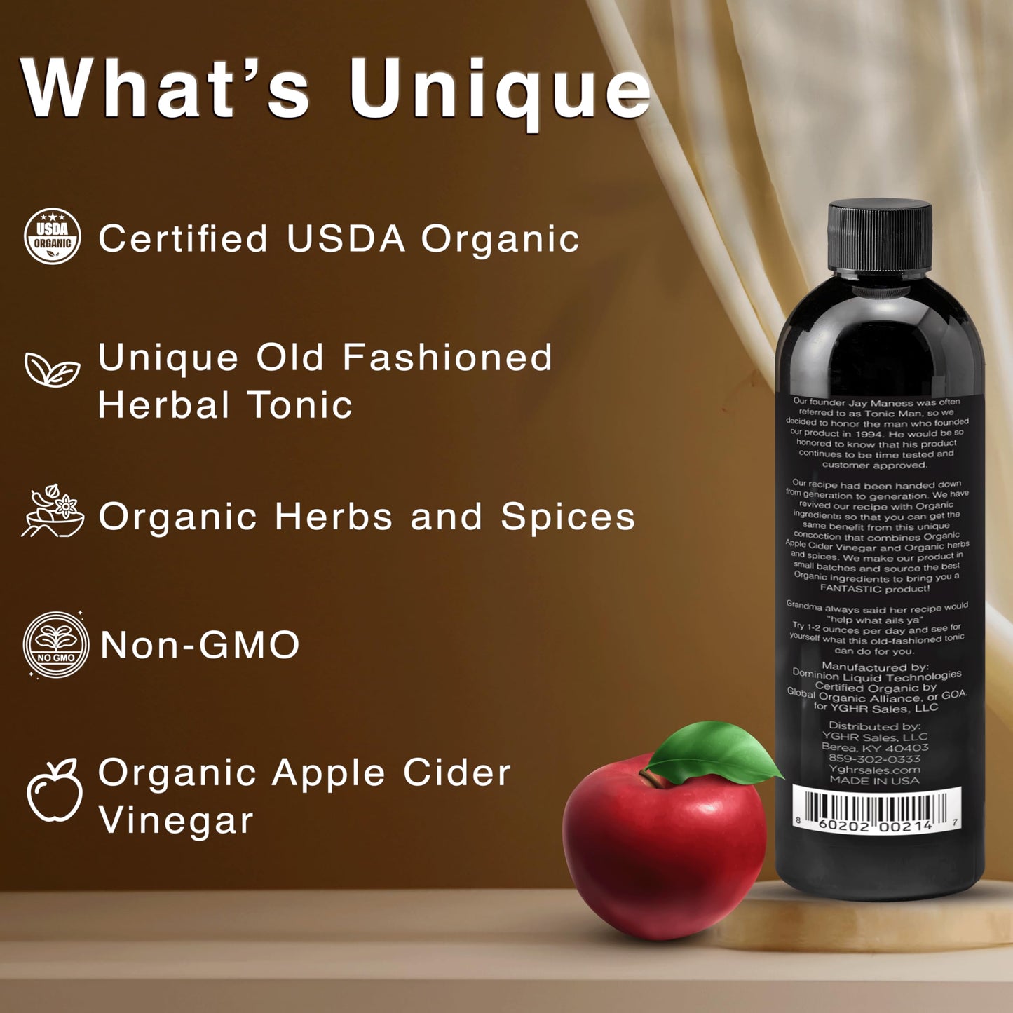 Tonic Man Organic Herbal Wellness Tonic, Raw Apple Cider Vinegar, Non-GMO, 16oz Bottle (Pack of 16)