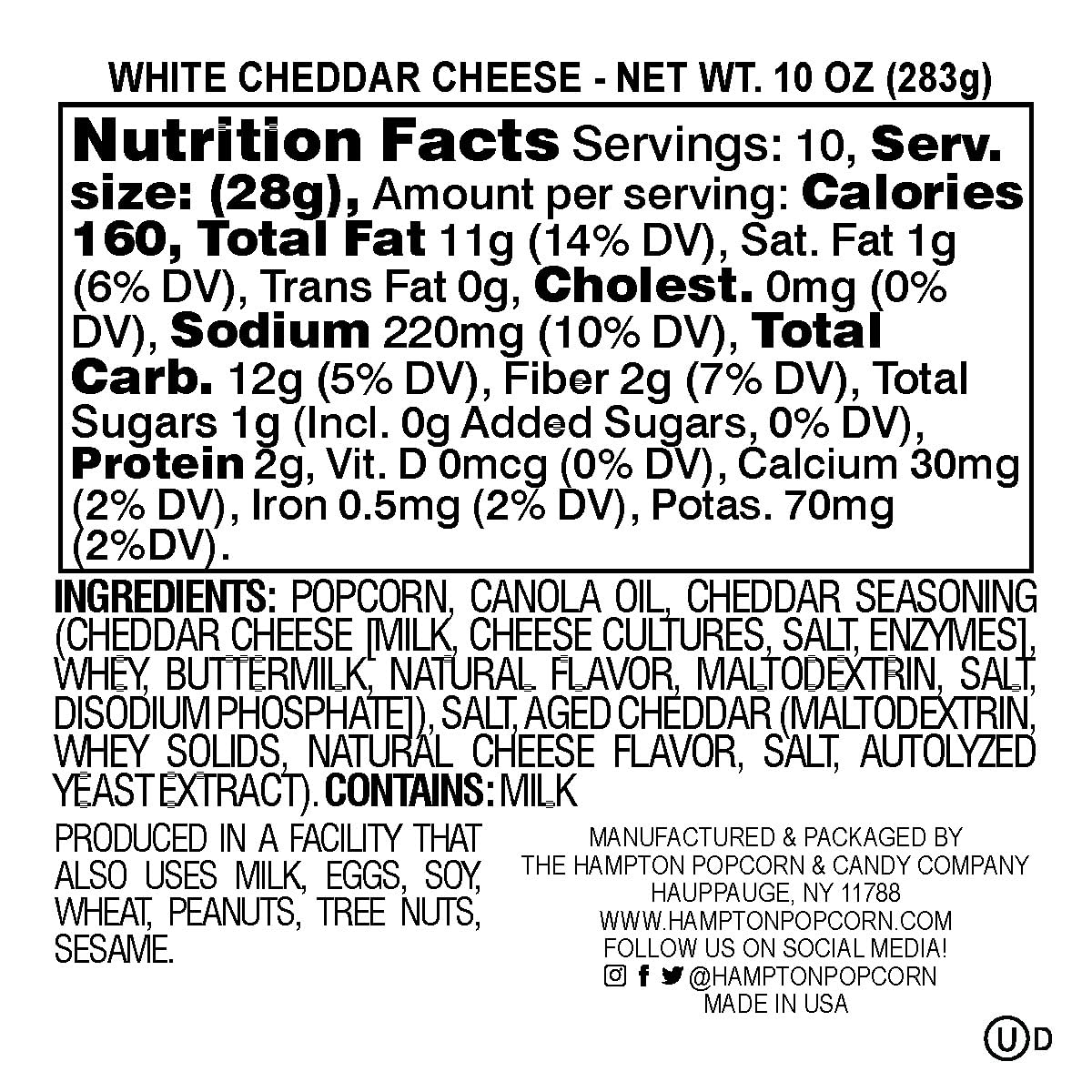White Cheddar Cheese Popcorn Tin, 10 Ounce (1 Gallon Tin), Birthday Gifts, The Hampton Popcorn & Candy Company