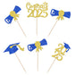 24 Pcs 2025 Graduation Theme Cupcake Toppers Blue Gold Glitter Class Of 2025 Cupcake Picks Diploma Grad Cap Cake Decorations For