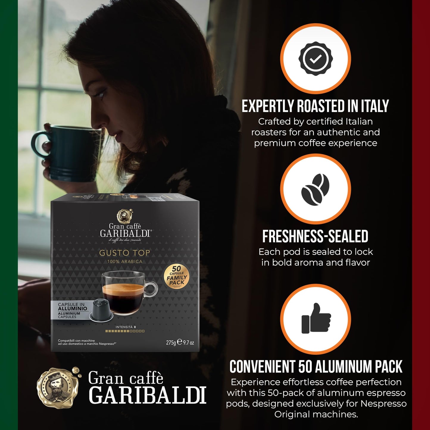 Caffè Garibaldi Espresso Pods, 100% Arabica, Compatible with Nespresso Original, 200 Count, Aluminum, Cocoa Aroma