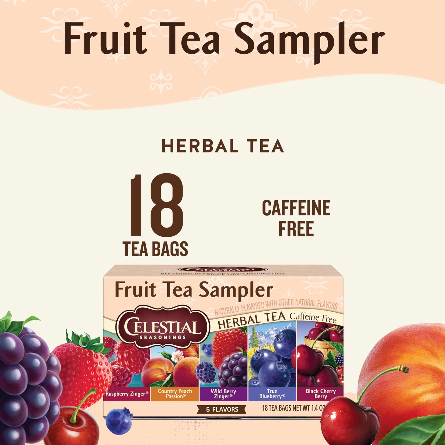 Celestial Seasonings Fruit Tea Sampler Herbal Variety Pack, Caffeine Free, 18 Tea Bags, Pack of 6, Black/Peach