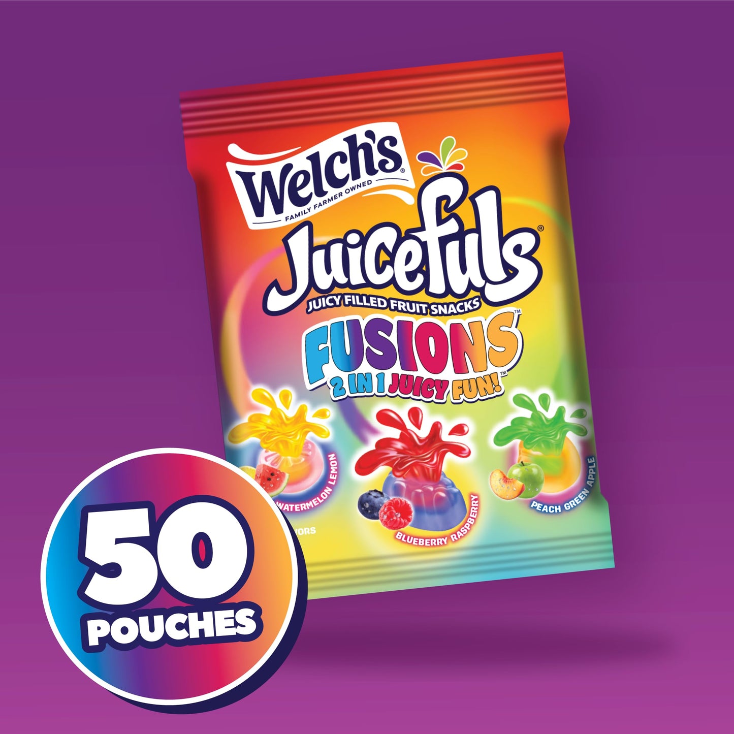 Welchs Fruit Snacks - Juicefuls Fusions, 50ct Snack Box - 0.8oz Snack Packs, 2-in-1 Fruit Snacks, Gluten Free, Natural Colors &