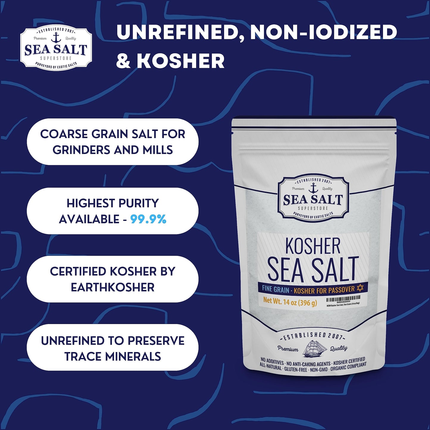 Kosher Sea Salt, Coarse Grain Kosher Salt, Replacement For Table Salt, Non-Iodized, All-Natural, No Additives (14 Oz Bag) - Sea