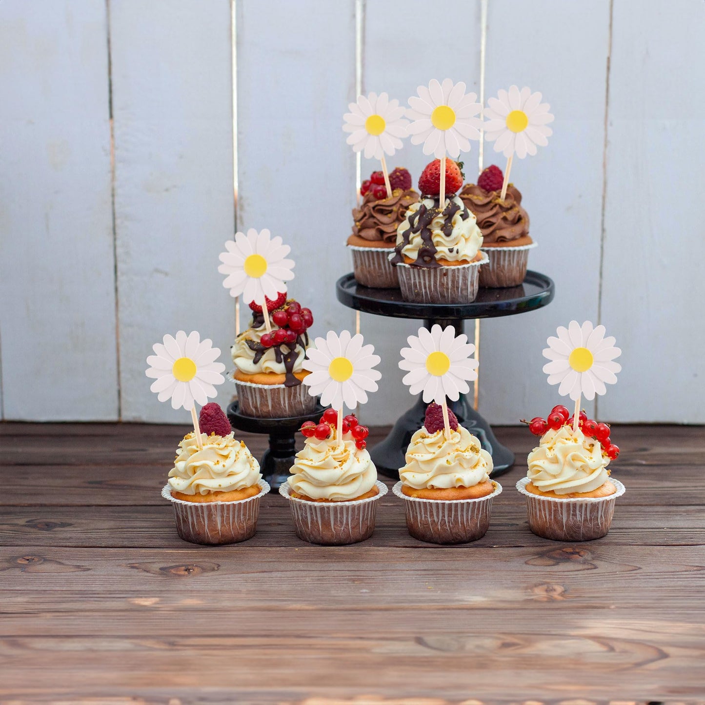Ephlyn Daisy Cupcake Toppers - 24 Pcs Flower Cake Decorations, 1.7x4.7, White, Paper, Model EPH-2022-145-W