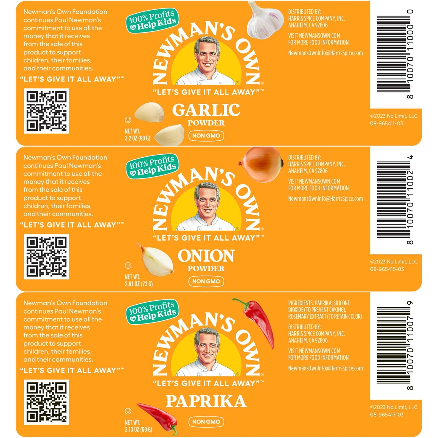 Newman's Own 3 Spice Combo; Garlic Powder, Onion Powder, Paprika, Non-GMO, Kosher certified