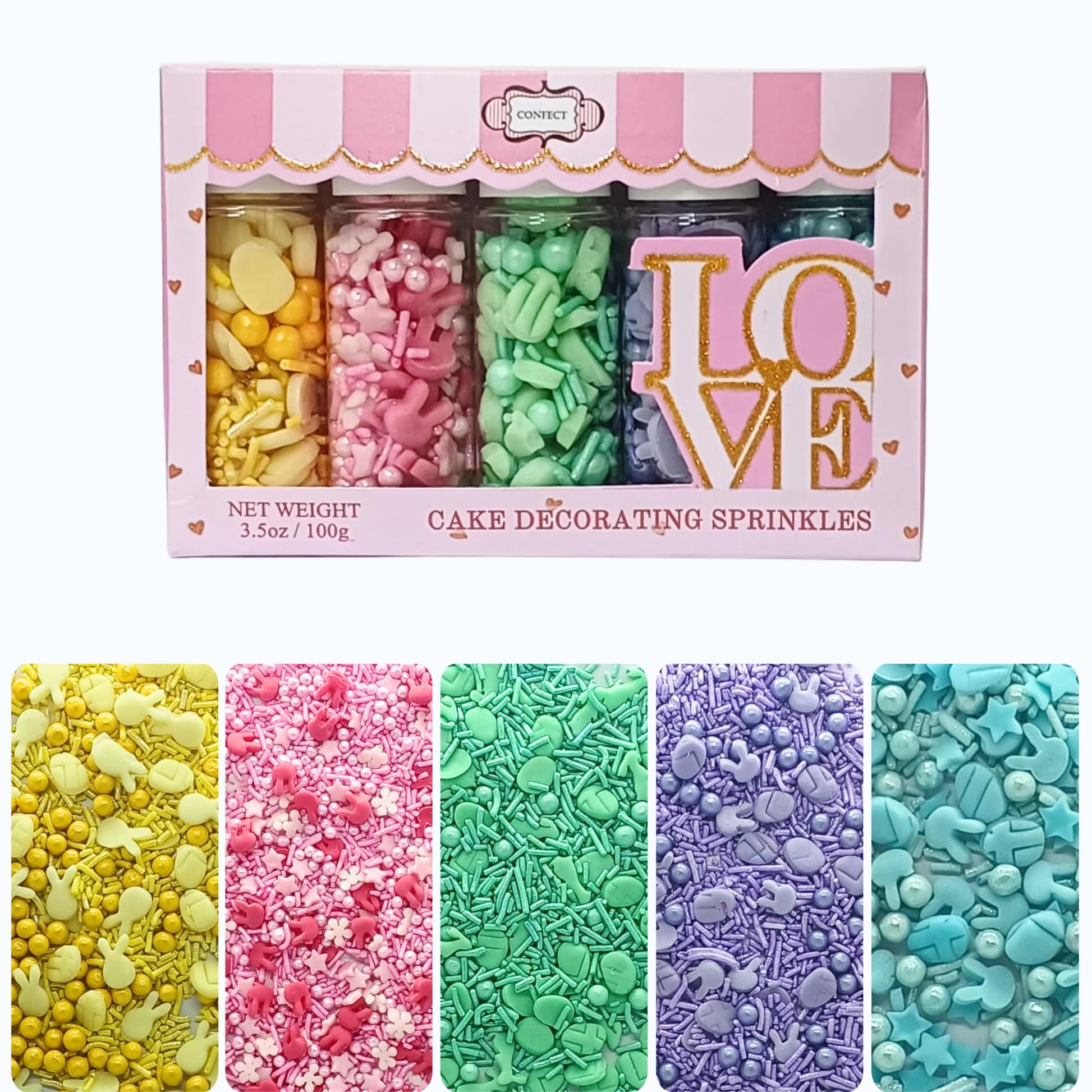 Confect Baby Shower Sprinkles - Assorted Pack of 5 (Parrot Green, Pink, Purple & Yellow) | Edible Sprinkles for Baking, Cake & C