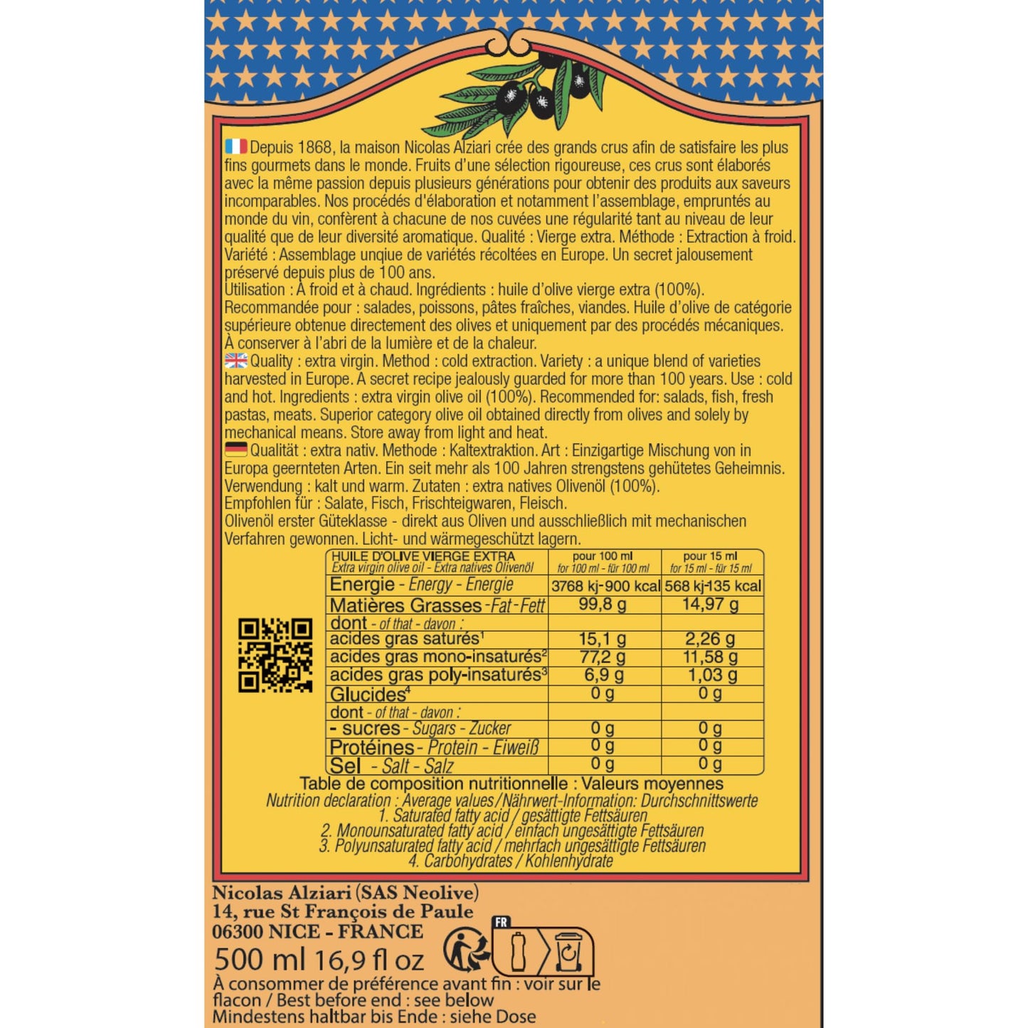 Nicolas Alziari Extra Virgin Olive Oil 16.9 Fl.Oz (500Ml)