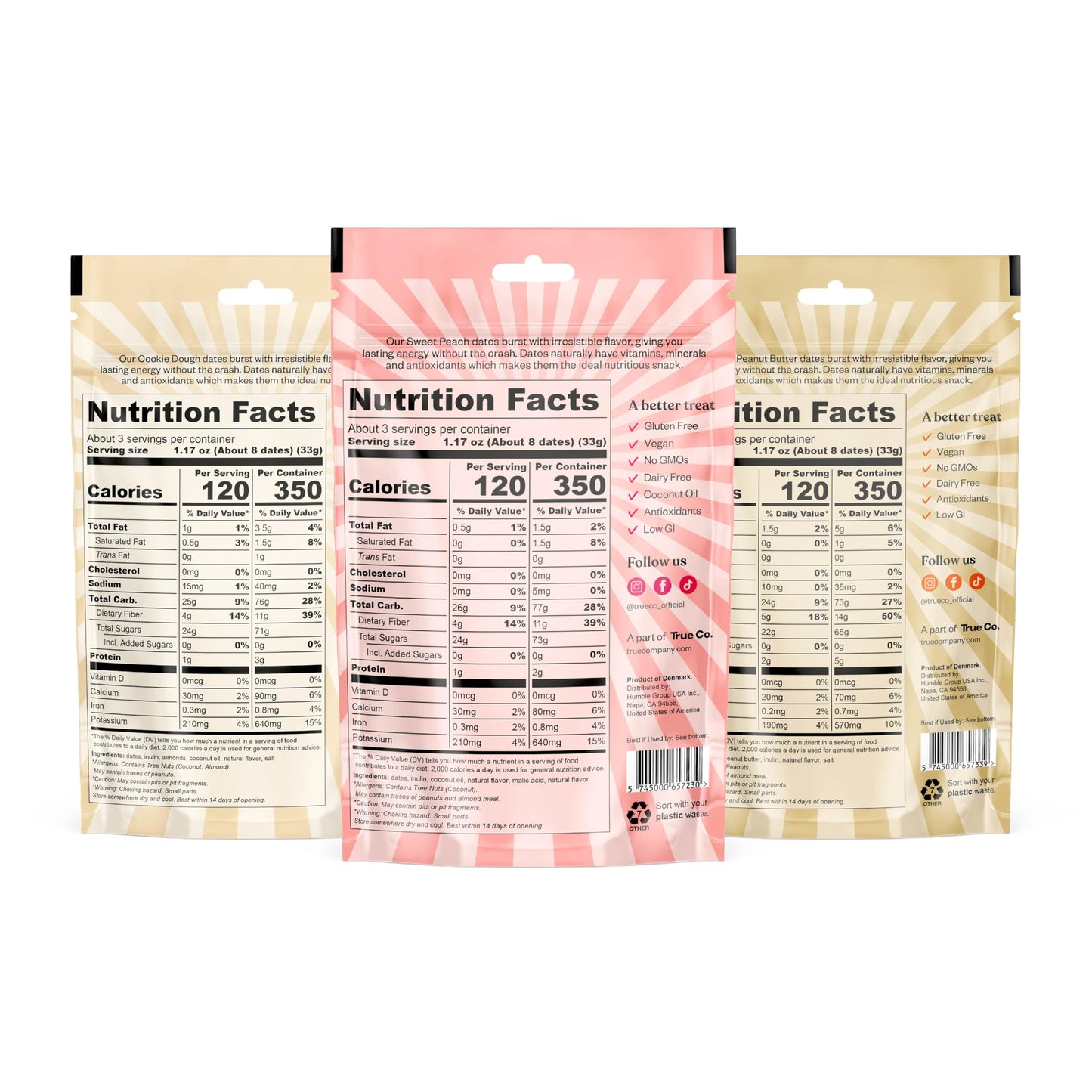 True Dates Sweet Flavor Variety - Vegan Candied Dates (Creamy Peanut Butter, Cookie Dough, Sweet Peach) - 3-3.5 Ounce Bags, No Added Sugar