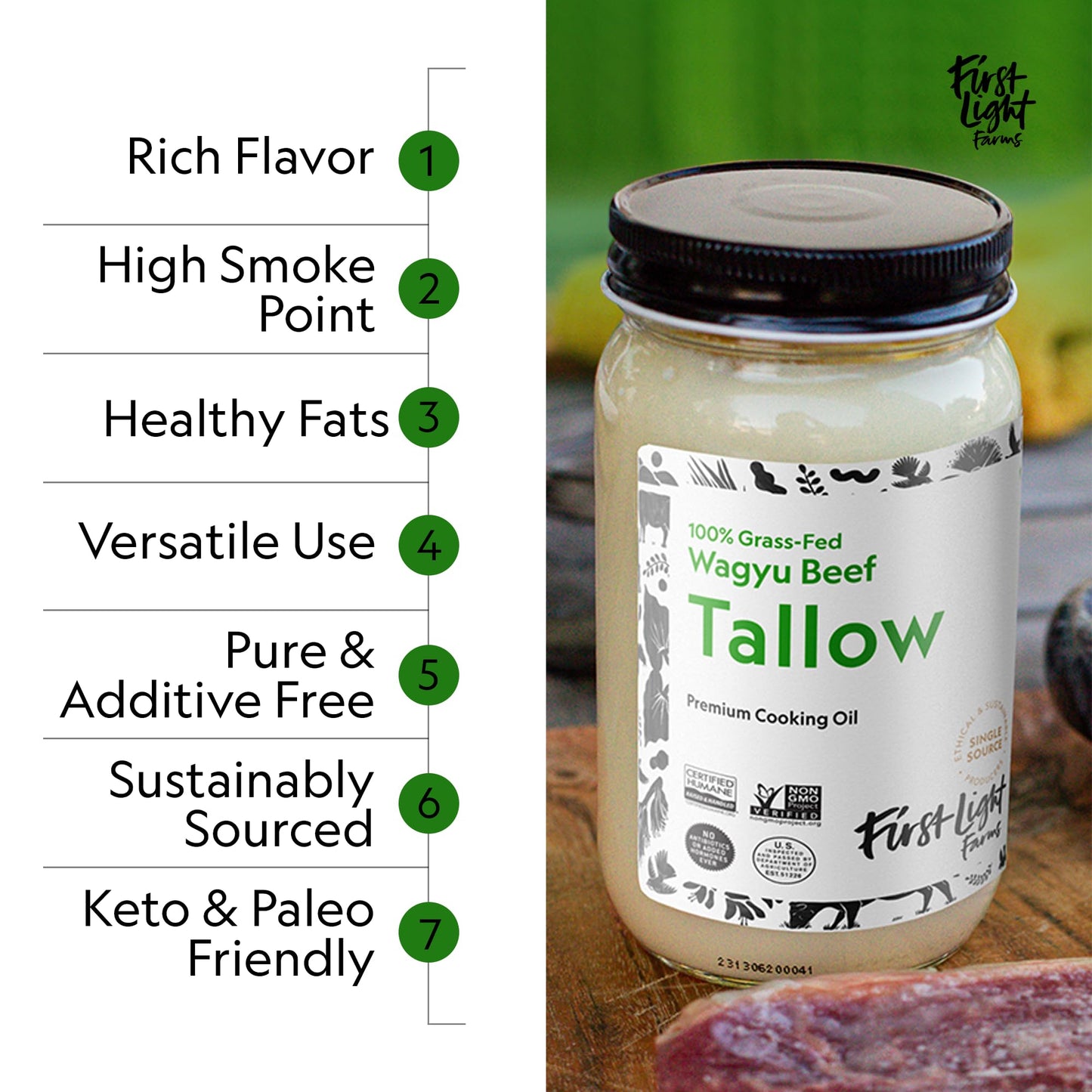 First Light Wagyu Beef Tallow | 100% Grass-Fed, 14oz Glass Jar | Gluten-Free, Dairy-Free, Perfect for Keto & Whole30