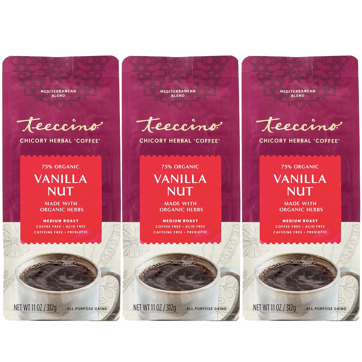 Teeccino Vanilla Nut Chicory Coffee Alternative, Ground Herbal Coffee, Caffeine Free, Medium Roast, 11 Ounce (Pack of 3)