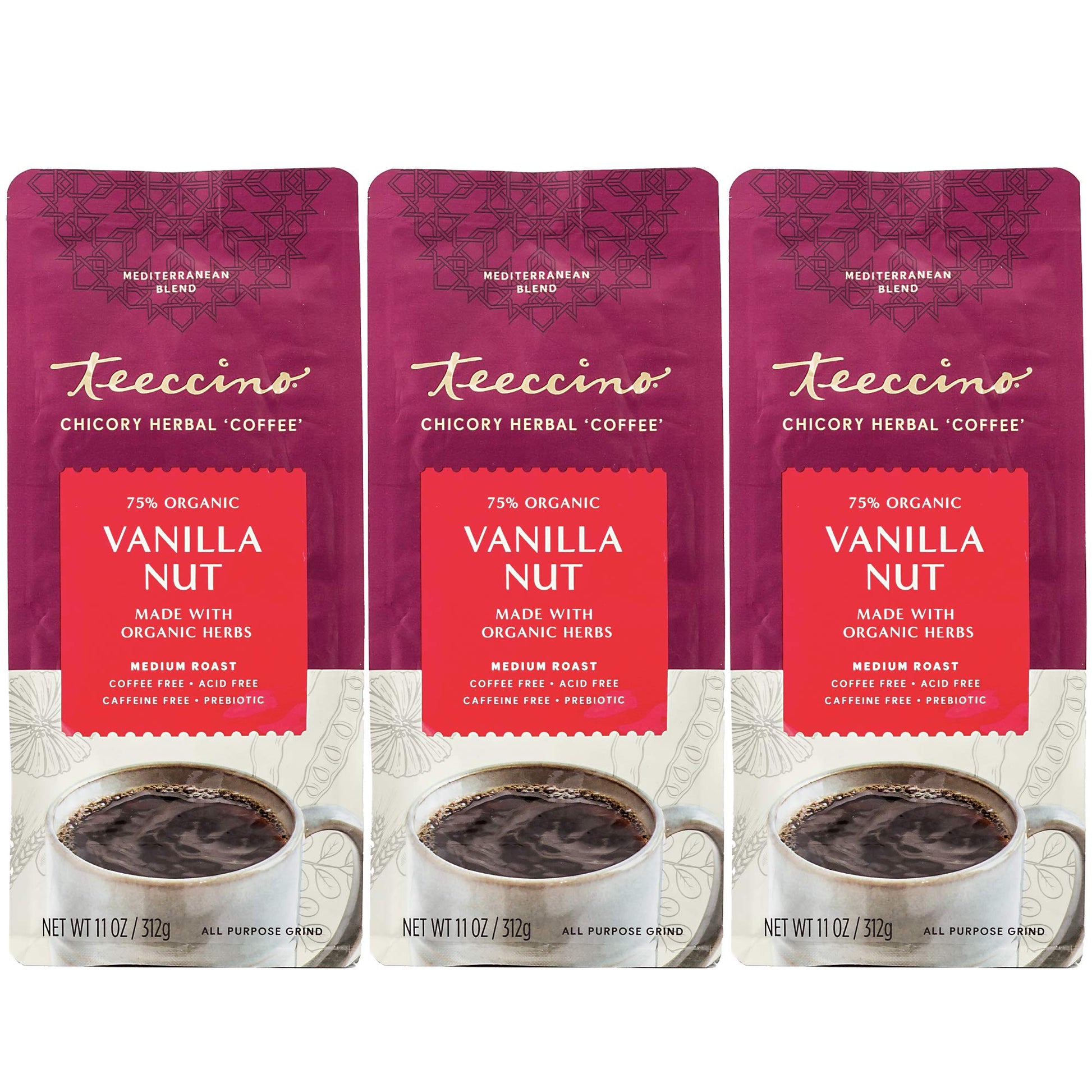 Teeccino Vanilla Nut Chicory Coffee Alternative, Ground Herbal Coffee, Caffeine Free, Medium Roast, 11 Ounce (Pack of 3)