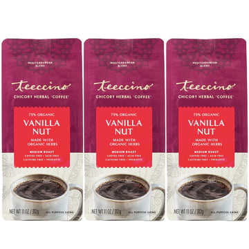 Teeccino Vanilla Nut Chicory Coffee Alternative, Ground Herbal Coffee, Caffeine Free, Medium Roast, 11 Ounce (Pack of 3)