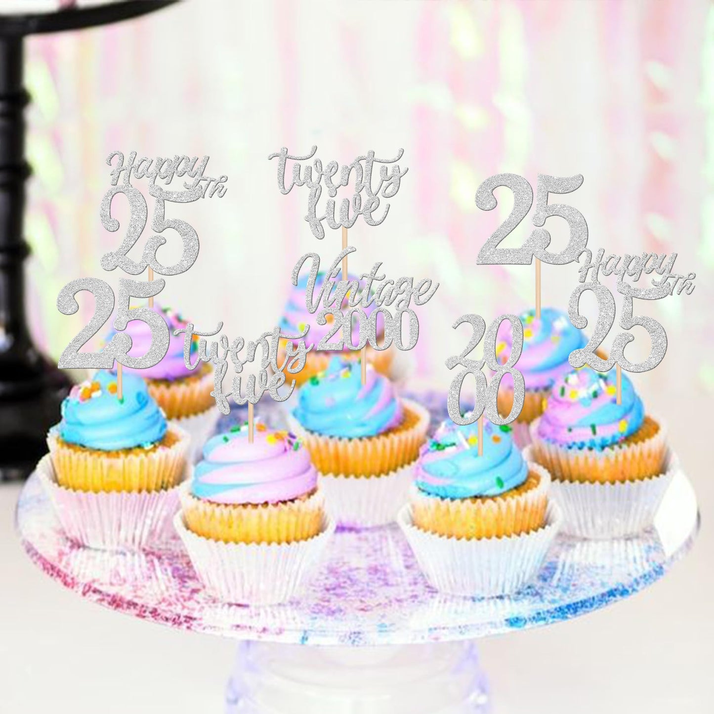 ZHUOWEISM 30PCS Cupcake Toppers for 25th Birthday, Vintage Silver Paper Picks